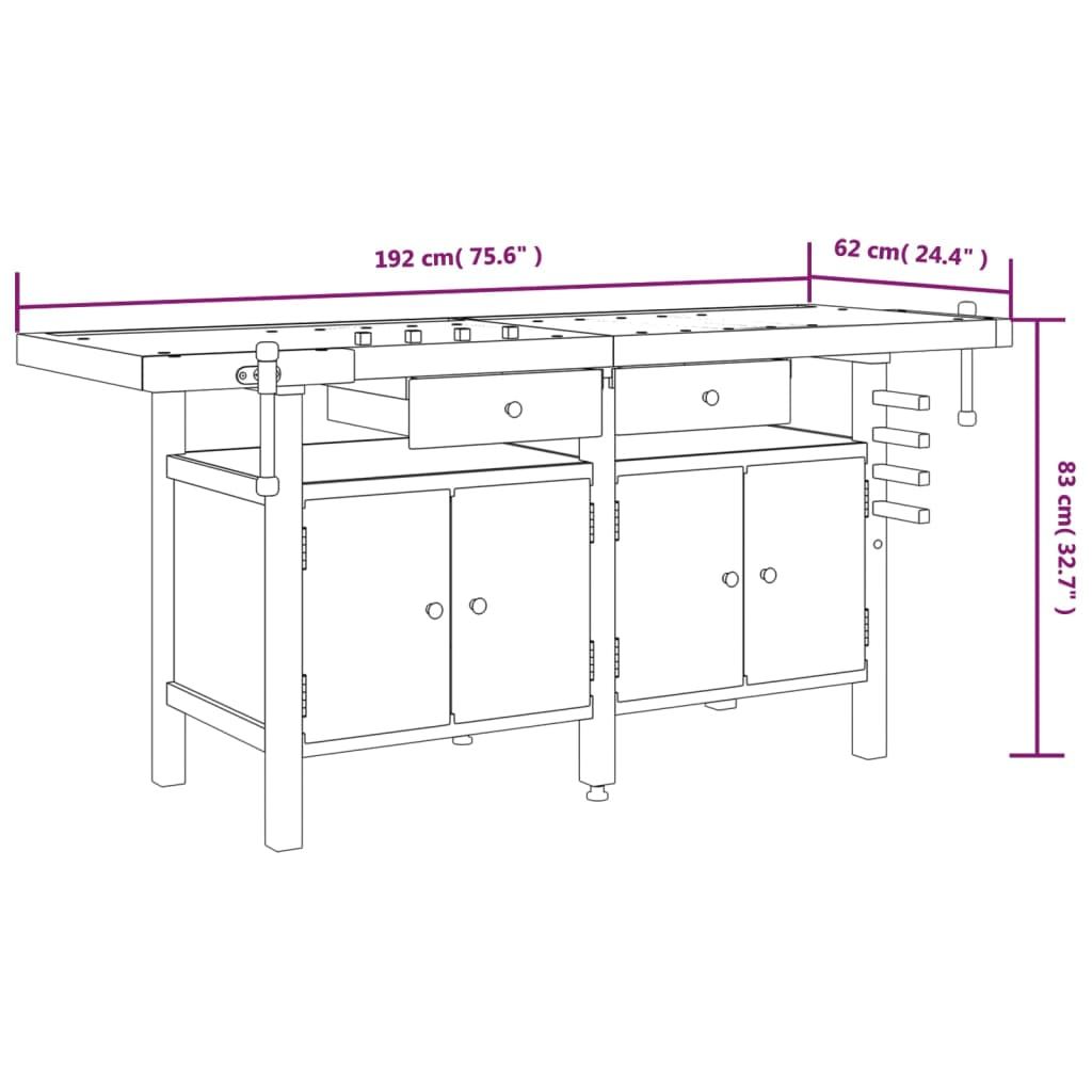 vidaXL Workbench with Drawers and Vices 75.6"x24.4"x32.7" Solid Wood Acacia