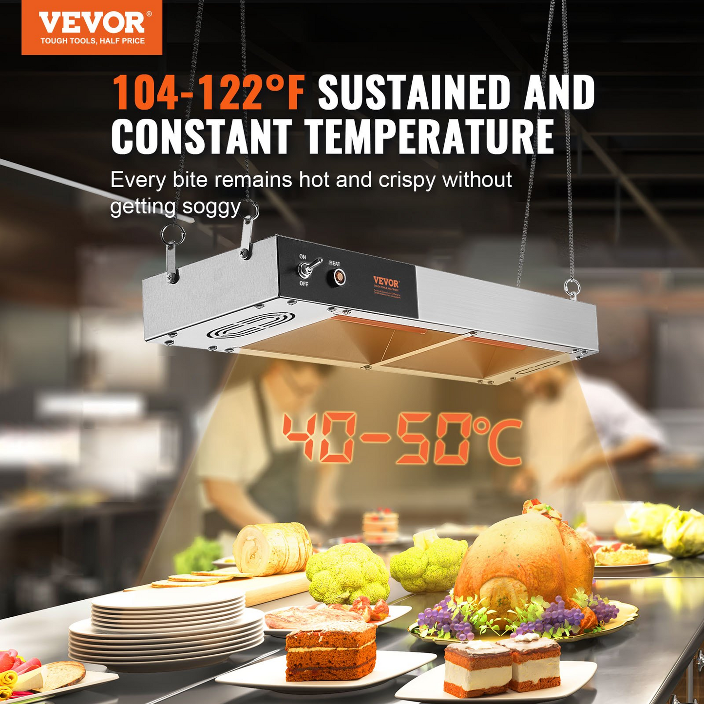 VEVOR French Fry Food Warmer, 750W Commercial Strip Food Heating Lamp, Electric Stainless Steel Warming Light Dump Station, Overhead 104-122°F Fries Warmer for Chip Buffet Kitchen Restaurant, Silver