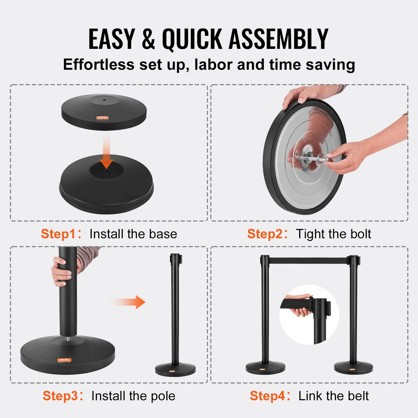 VEVOR Crowd Control Stanchions, 2-Pack Crowd Control Barriers, Carbon Steel Baking Painted Stanchion Queue Post with 11FT Black Retractable Belt, Belt Barriers Line Divider for Exhibition, Airport