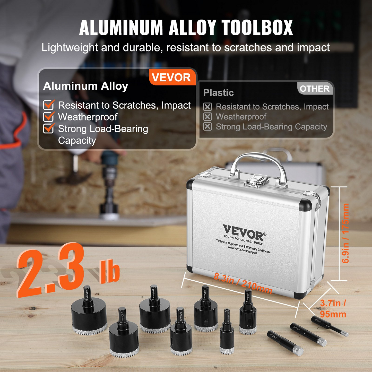 VEVOR Diamond Core Drill Bit Set, 10 PCS 6/10/12/20/25/30/35/40/45/50mm Diamond Hole Saw Kit, Triangular Shank, with Storage Case, for Dry and Wet, Diamond Drill Bits for Ceramic Tile Porcelain