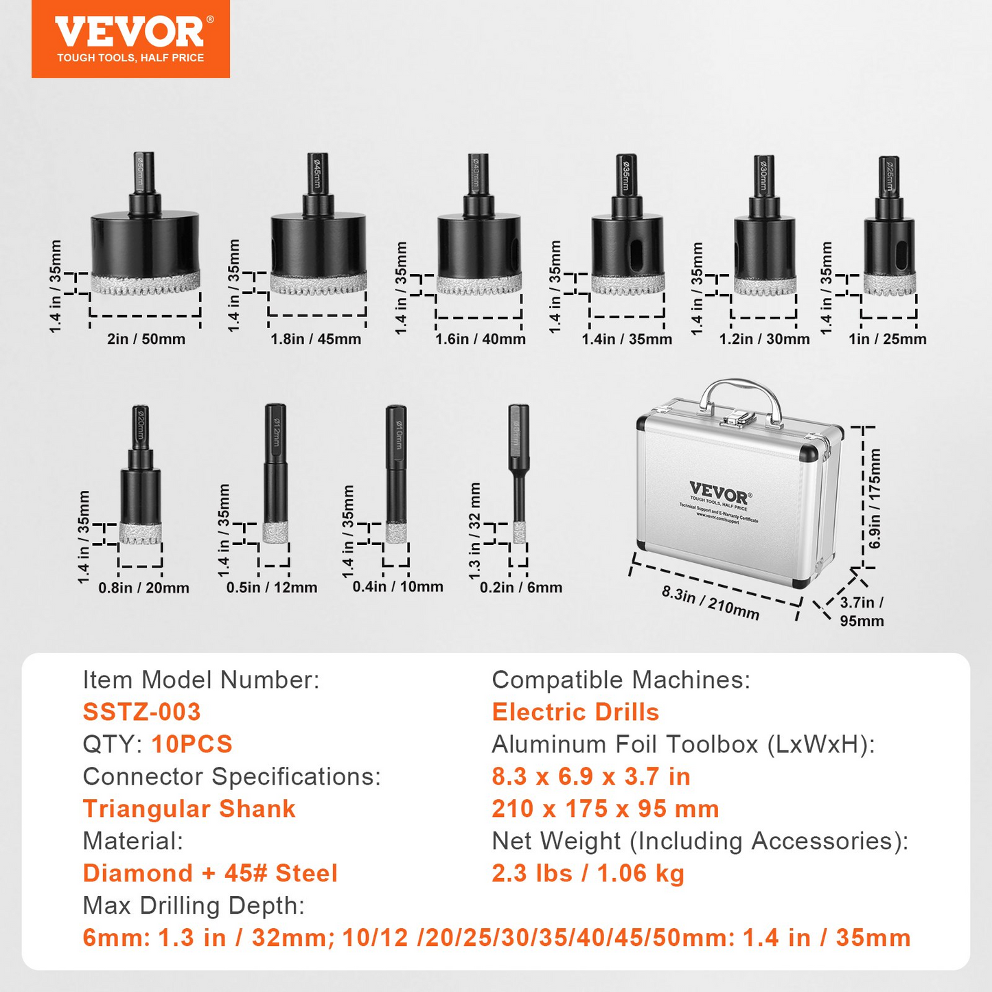 VEVOR Diamond Core Drill Bit Set, 10 PCS 6/10/12/20/25/30/35/40/45/50mm Diamond Hole Saw Kit, Triangular Shank, with Storage Case, for Dry and Wet, Diamond Drill Bits for Ceramic Tile Porcelain