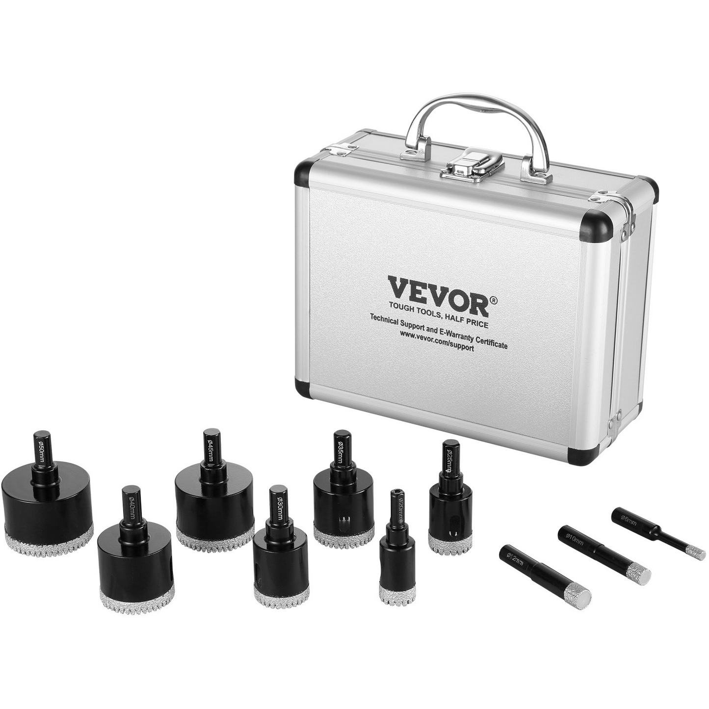 VEVOR Diamond Core Drill Bit Set, 10 PCS 6/10/12/20/25/30/35/40/45/50mm Diamond Hole Saw Kit, Triangular Shank, with Storage Case, for Dry and Wet, Diamond Drill Bits for Ceramic Tile Porcelain