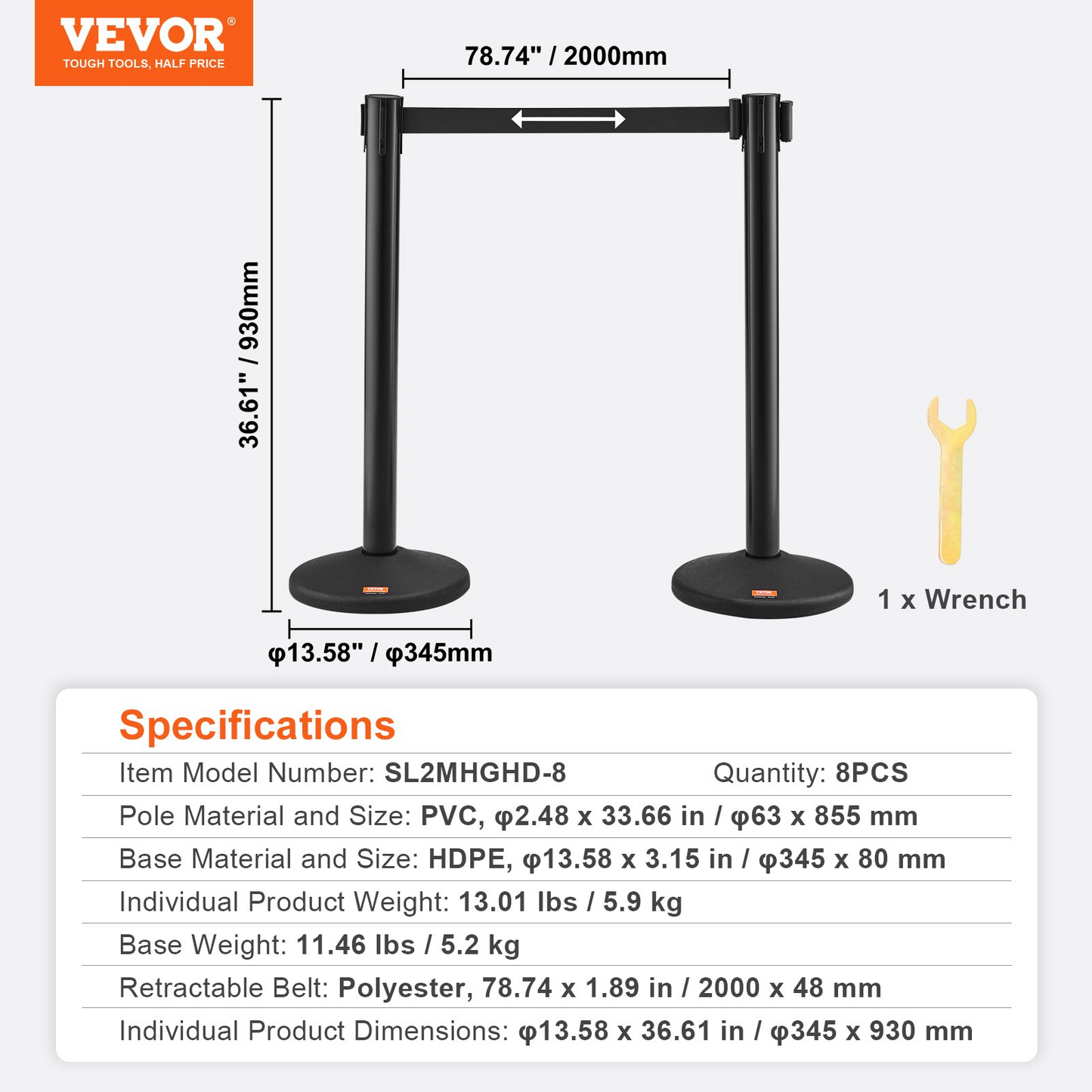 VEVOR Crowd Control Stanchions, 8-Pack Crowd Control Barriers with 4PCS 6.5FT Black Retractable Belts, Plastic Stanchion Queue Post, Belt Barriers Line Divider Stanchion Set for Airport, Exhibition