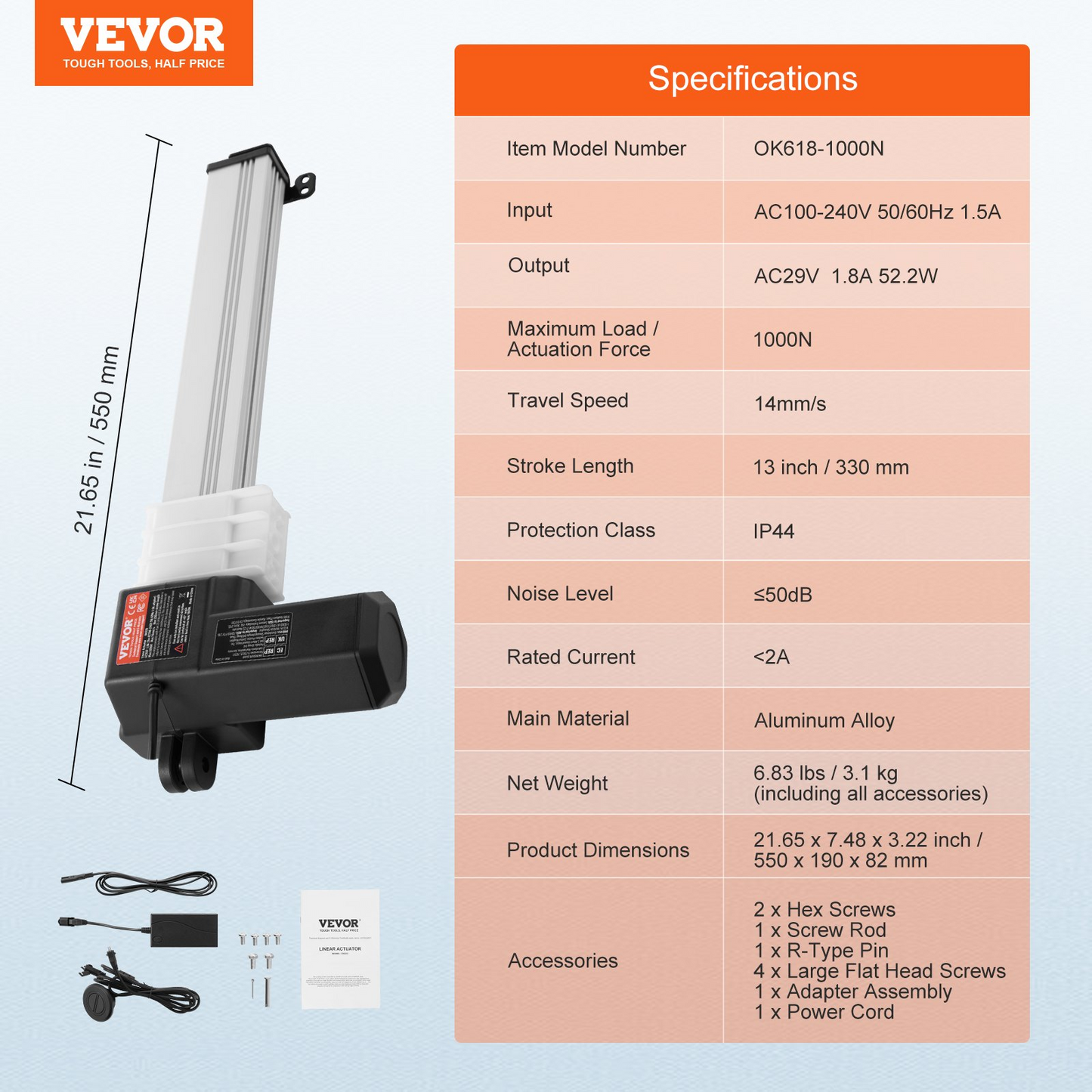 VEVOR 24V Linear Actuator Kit 13 Inch 0.55"/s 220lbs/1000N with IP44 Protection