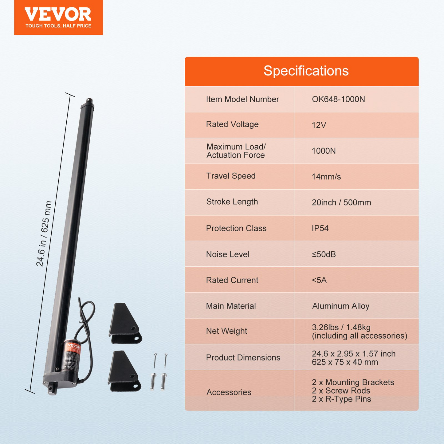 VEVOR Linear Actuator 12V 20Inch 0.55"/s High Speed 220lbs/1000N IP54 Protection