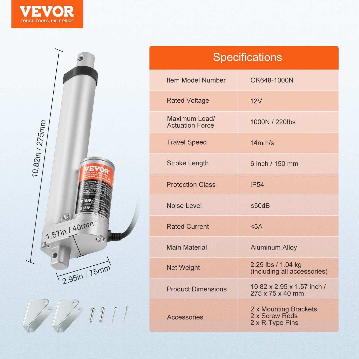 VEVOR Linear Actuator 12V, 6 Inch High Speed 0.55"/s Linear Actuator, 220lbs/1000N Linear Motion Actuator with Mounting Bracket and IP54 Protection