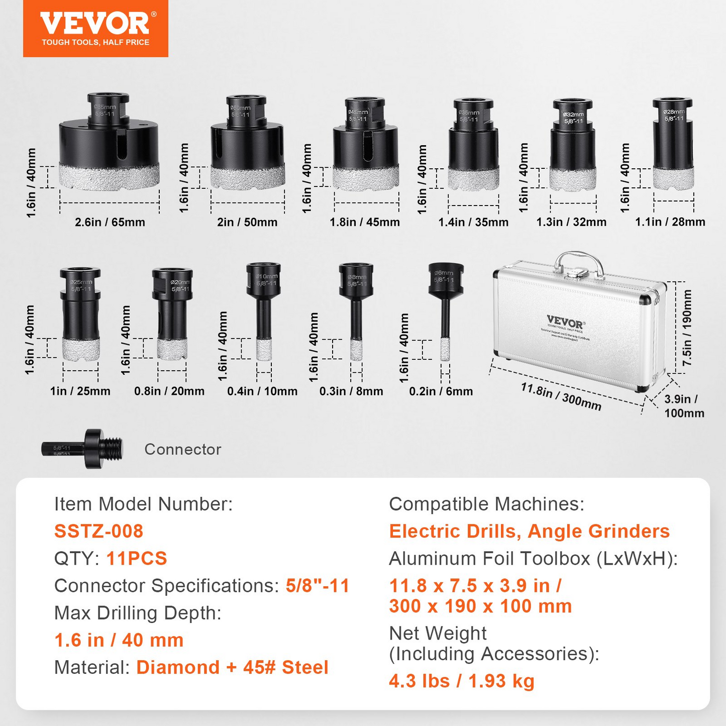 VEVOR Diamond Core Drill Bit Set, 11 PCS 6/8/10/20/25/28/32/35/45/50/65mm Diamond Hole Saw Kit, with 5/8"-11 Connector and Storage Case, for Dry and Wet, Diamond Drill Bits for Ceramic Tile