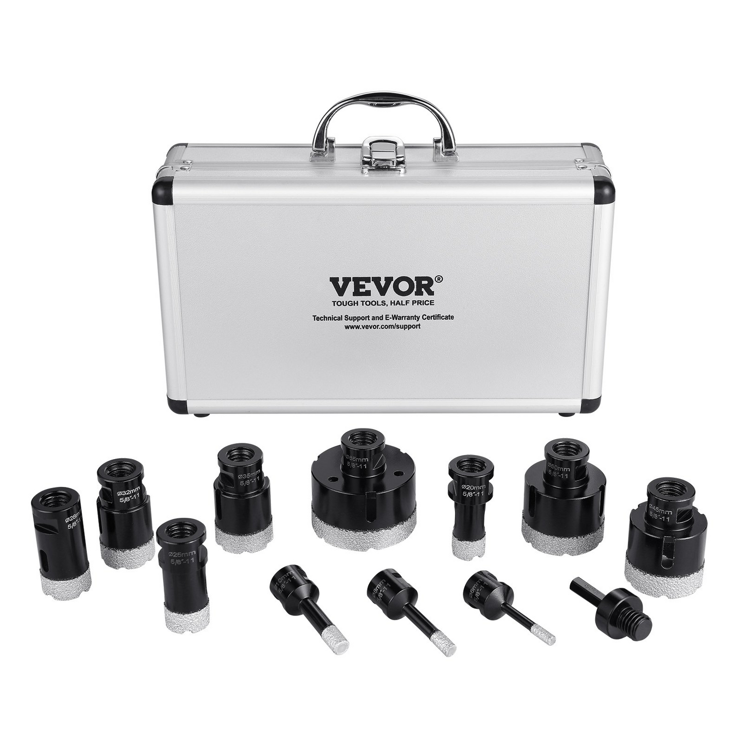 VEVOR Diamond Core Drill Bit Set, 11 PCS 6/8/10/20/25/28/32/35/45/50/65mm Diamond Hole Saw Kit, with 5/8"-11 Connector and Storage Case, for Dry and Wet, Diamond Drill Bits for Ceramic Tile