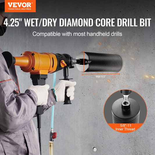 VEVOR Core Drill Bit, 4.25" Wet/Dry Diamond Core Drill Bits for Brick and Block, Concrete Core Drill Bit with Pilot Bit Adapter and Saw Blade, 9.5" Drilling Depth, 5/8"-11 Inner Thread, Laser Welding