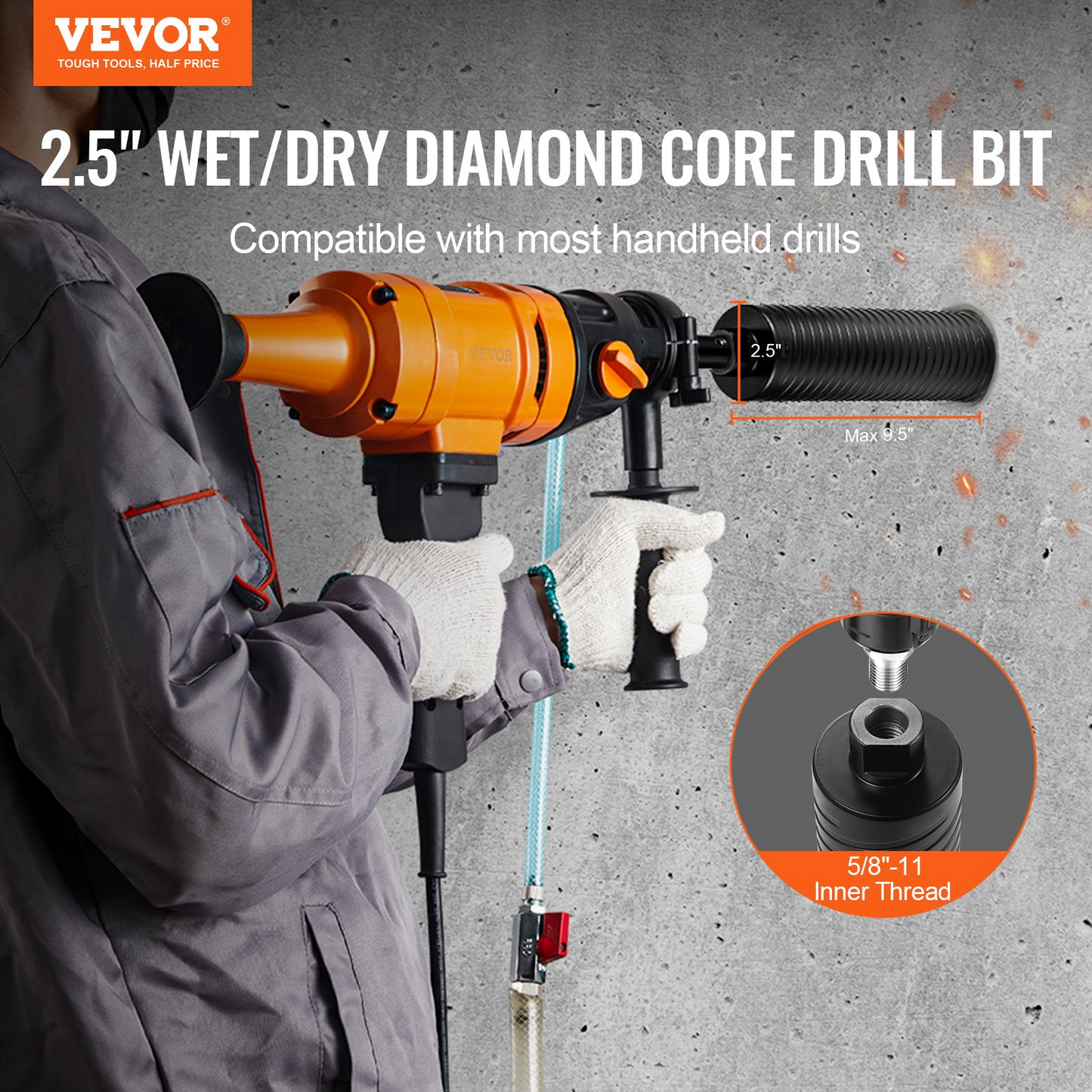 VEVOR Core Drill Bit, 2.5" Wet/Dry Diamond Core Drill Bits for Brick and Block, Concrete Core Drill Bit with Pilot Bit Adapter and Saw Blade, 9.5" Drilling Depth, 5/8"-11 Inner Thread, Laser Welding