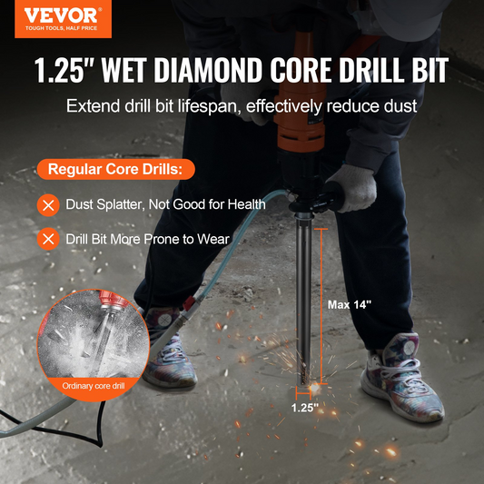 VEVOR Core Drill Bit, 1-1/4" Wet Diamond Core Drill Bits, 14" Drilling Depth Concrete Core Drill Bit, 5/8"-11 Inner Thread, Laser Welding, Diamond Wet Coring Bit for Concrete Brick and Block