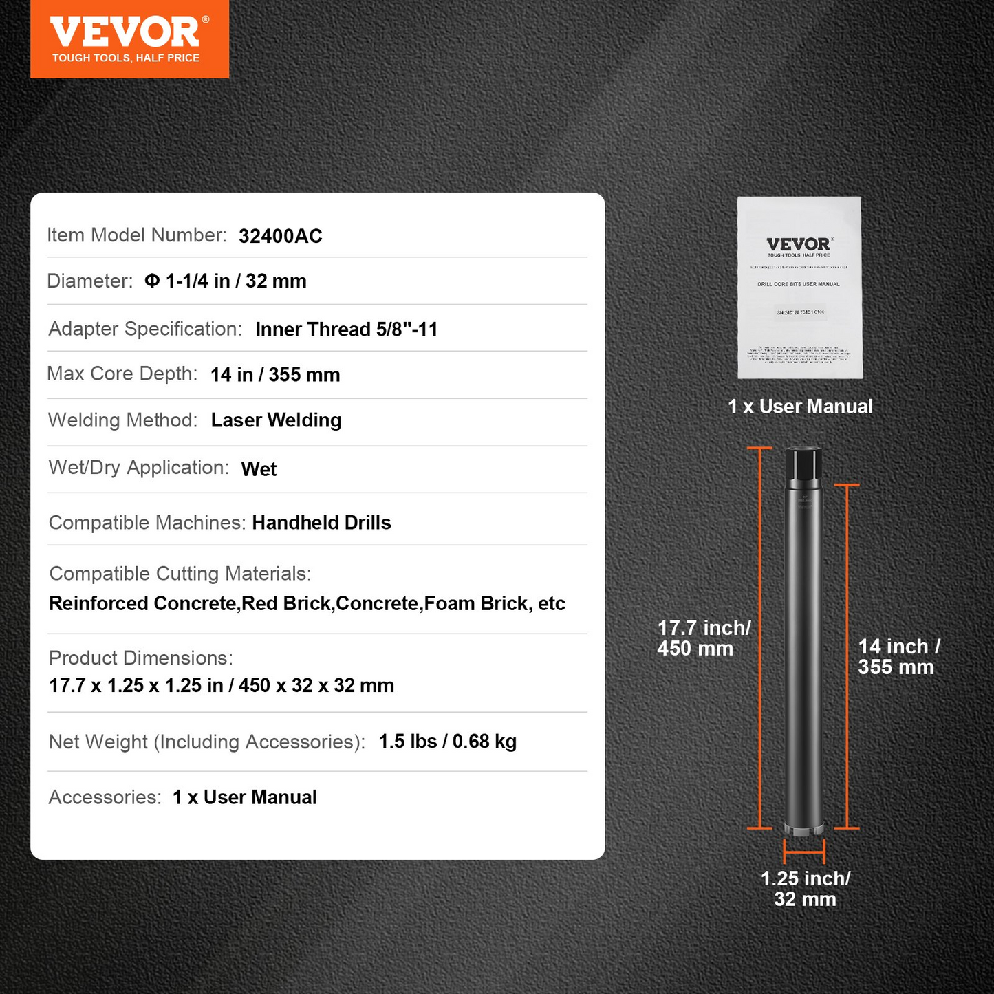 VEVOR Core Drill Bit, 1-1/4" Wet Diamond Core Drill Bits, 14" Drilling Depth Concrete Core Drill Bit, 5/8"-11 Inner Thread, Laser Welding, Diamond Wet Coring Bit for Concrete Brick and Block