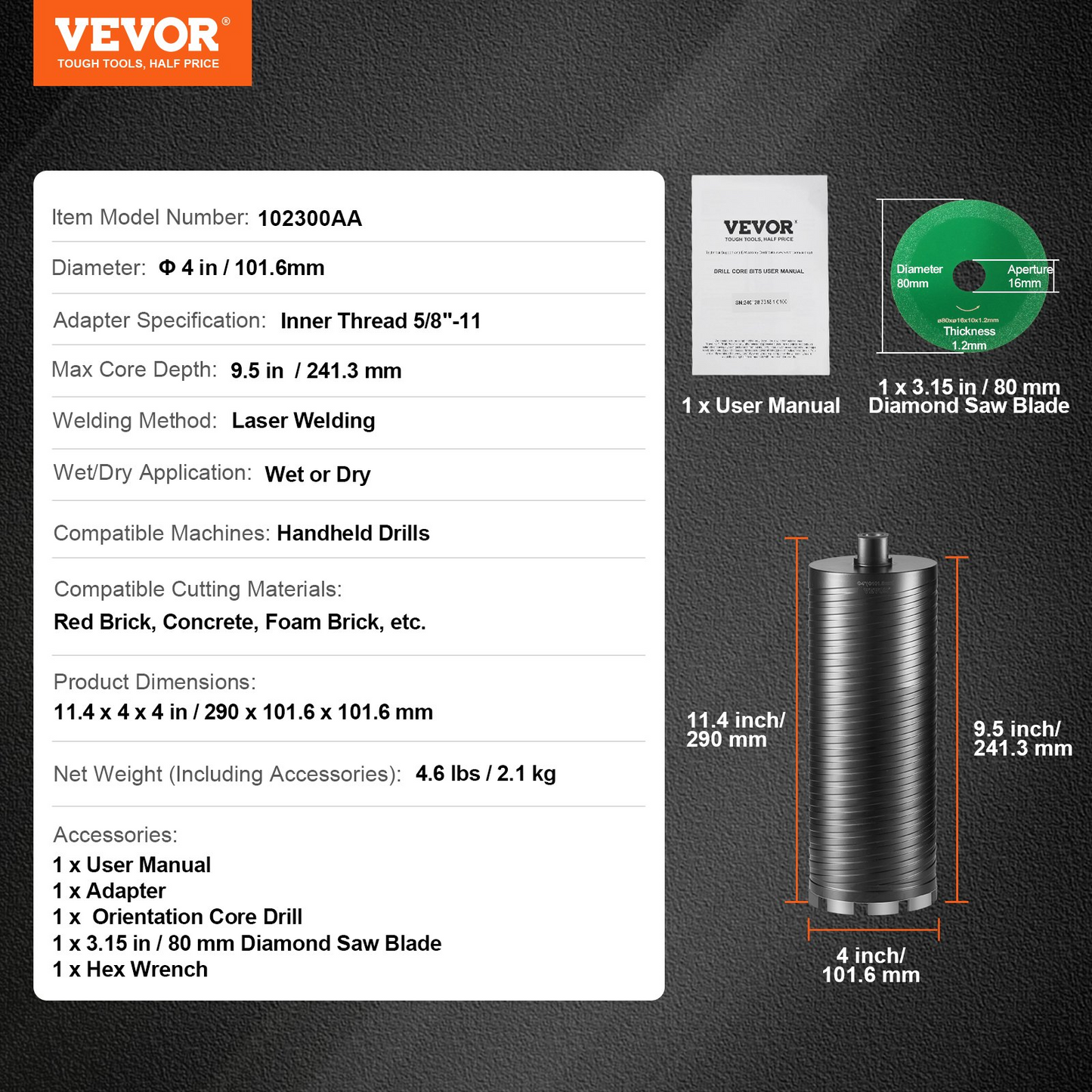 VEVOR Core Drill Bit, 4" Wet/Dry Diamond Core Drill Bits for Brick and Block, Concrete Core Drill Bit with Pilot Bit Adapter and Saw Blade, 9.5" Drilling Depth, 5/8"-11 Inner Thread, Laser Welding