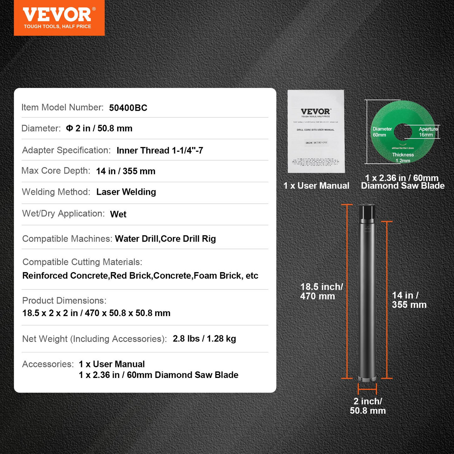 VEVOR Core Drill Bit, 2" Wet Diamond Core Drill Bits, 14" Drilling Depth Concrete Core Drill Bit with Saw Blade, 1-1/4"-7 Inner Thread, Laser Welding, Diamond Wet Coring Bit for Concrete Brick