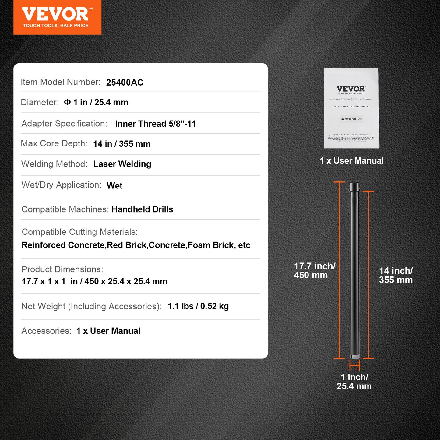 VEVOR Core Drill Bit, 1" Wet Diamond Core Drill Bits, 14" Drilling Depth Concrete Core Drill Bit, 5/8"-11 Inner Thread, Laser Welding, Diamond Wet Coring Bit for Concrete Brick and Block