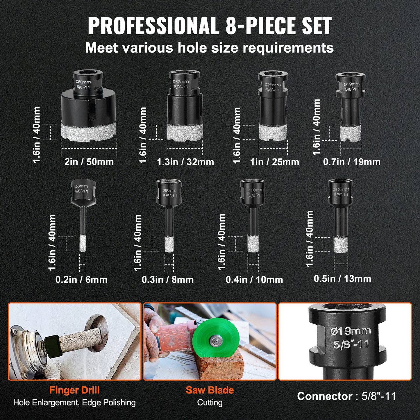 VEVOR Diamond Core Drill Bit Set, 8 PCS 6/8/10/13/19/25/32/50mm Diamond Hole Saw Kit, with Finger Milling Bit Saw Blade and Storage Case, for Dry and Wet, Diamond Drill Bits for Ceramic Tile