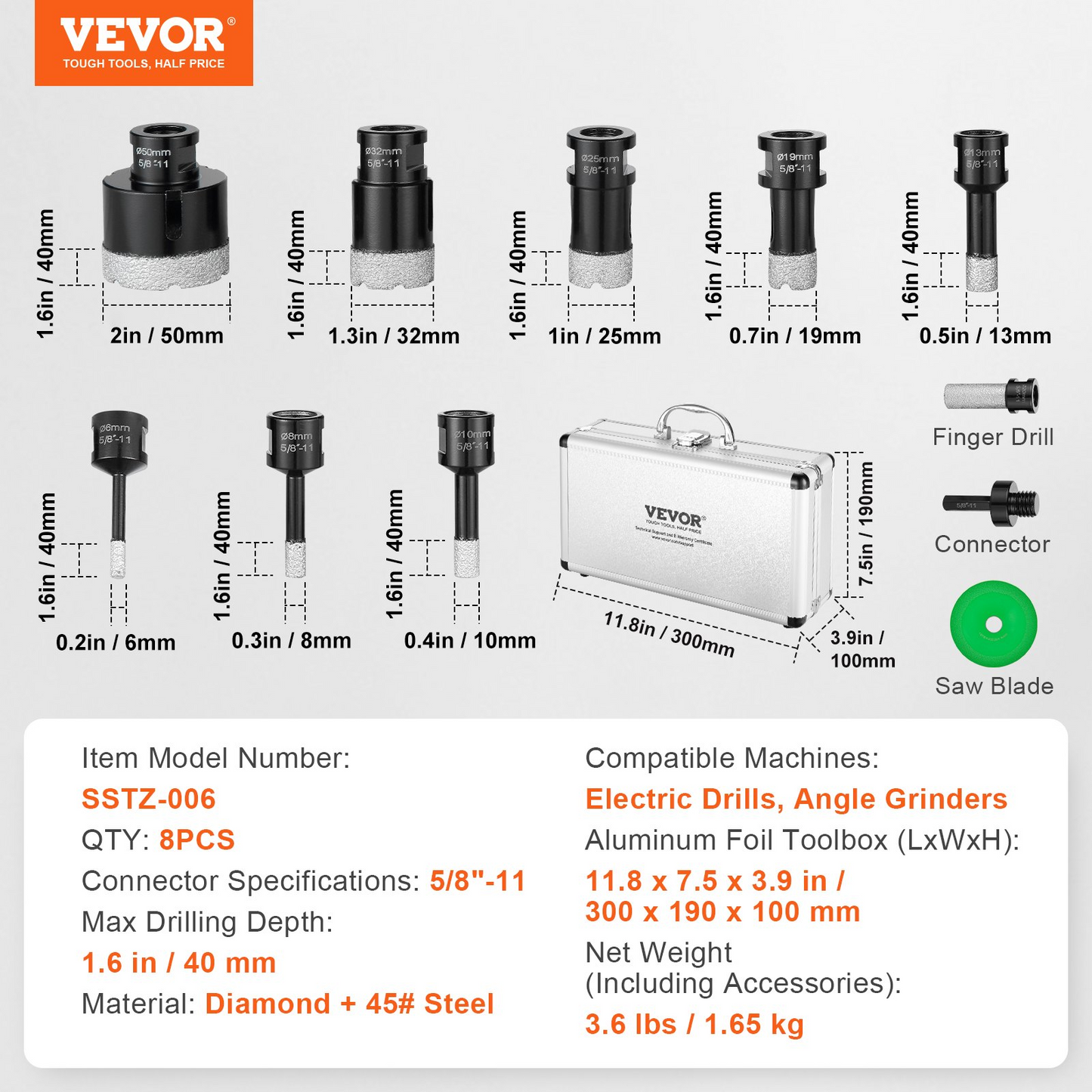 VEVOR Diamond Core Drill Bit Set, 8 PCS 6/8/10/13/19/25/32/50mm Diamond Hole Saw Kit, with Finger Milling Bit Saw Blade and Storage Case, for Dry and Wet, Diamond Drill Bits for Ceramic Tile