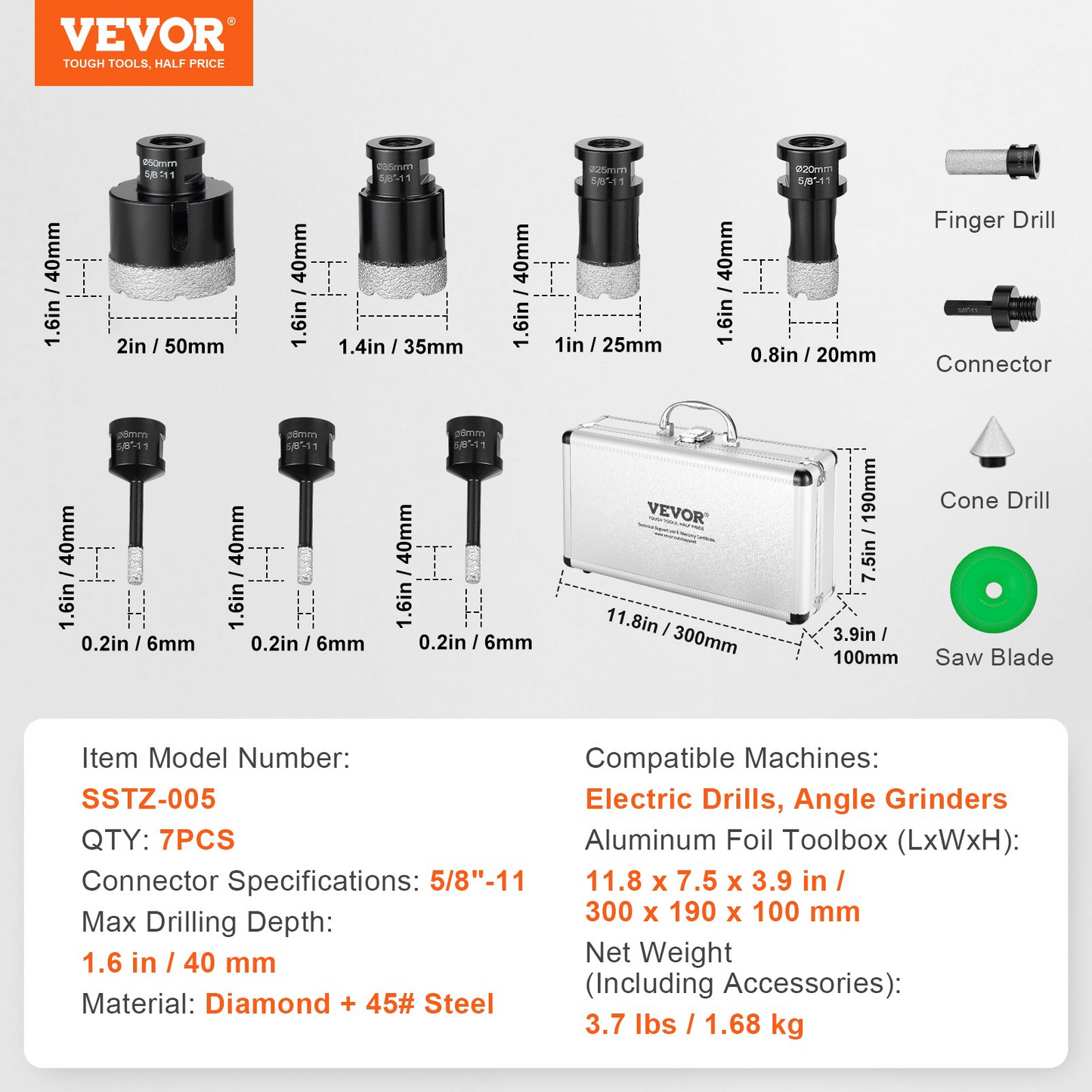 VEVOR Diamond Core Drill Bit Set, 7 PCS 6/6/6/20/25/35/50mm Diamond Hole Saw Kit, with Finger Milling Bit Cone Bit Saw Blade and Storage Case for, Dry and Wet, Diamond Drill Bits for Ceramic Tile