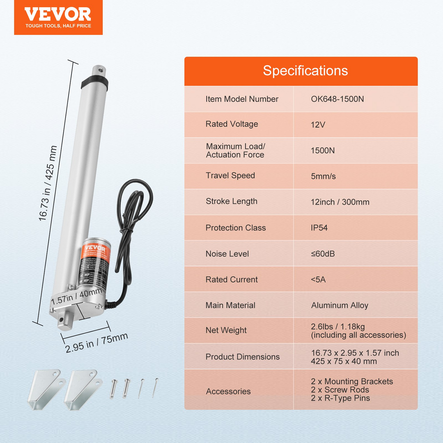 VEVOR Linear Actuator 12V, 12 Inch High Load 330lbs/1500N Linear Actuator, 0.19"/s Linear Motion Actuator with Mounting Bracket and IP54 Protection