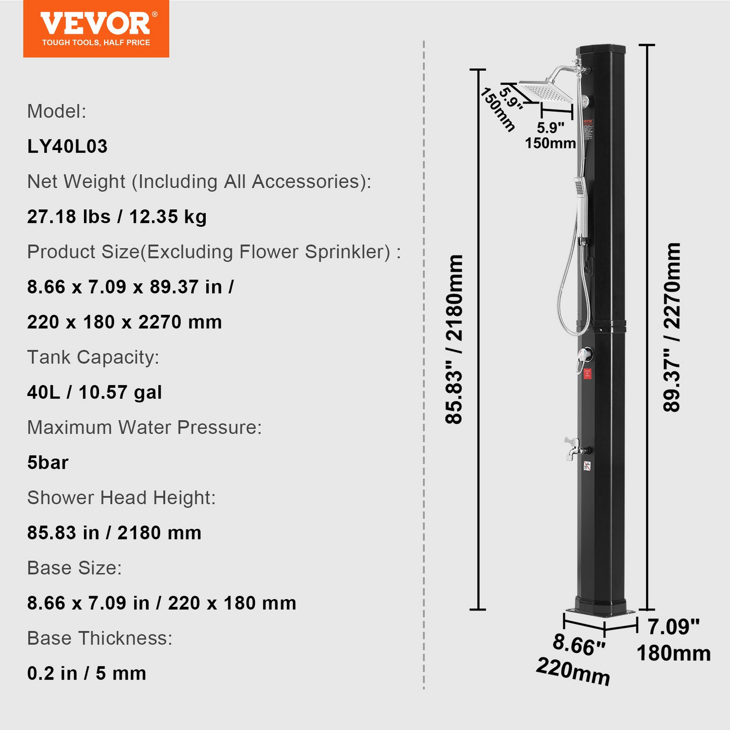 VEVOR Outdoor Solar Heated Shower, 10.57 Gallon Poolside Shower Kit with 2 Shower Head and Foot Shower Tap, Handheld/Hanging Two Modes Fast Assembly for Outdoor Backyard Poolside Beach Spa