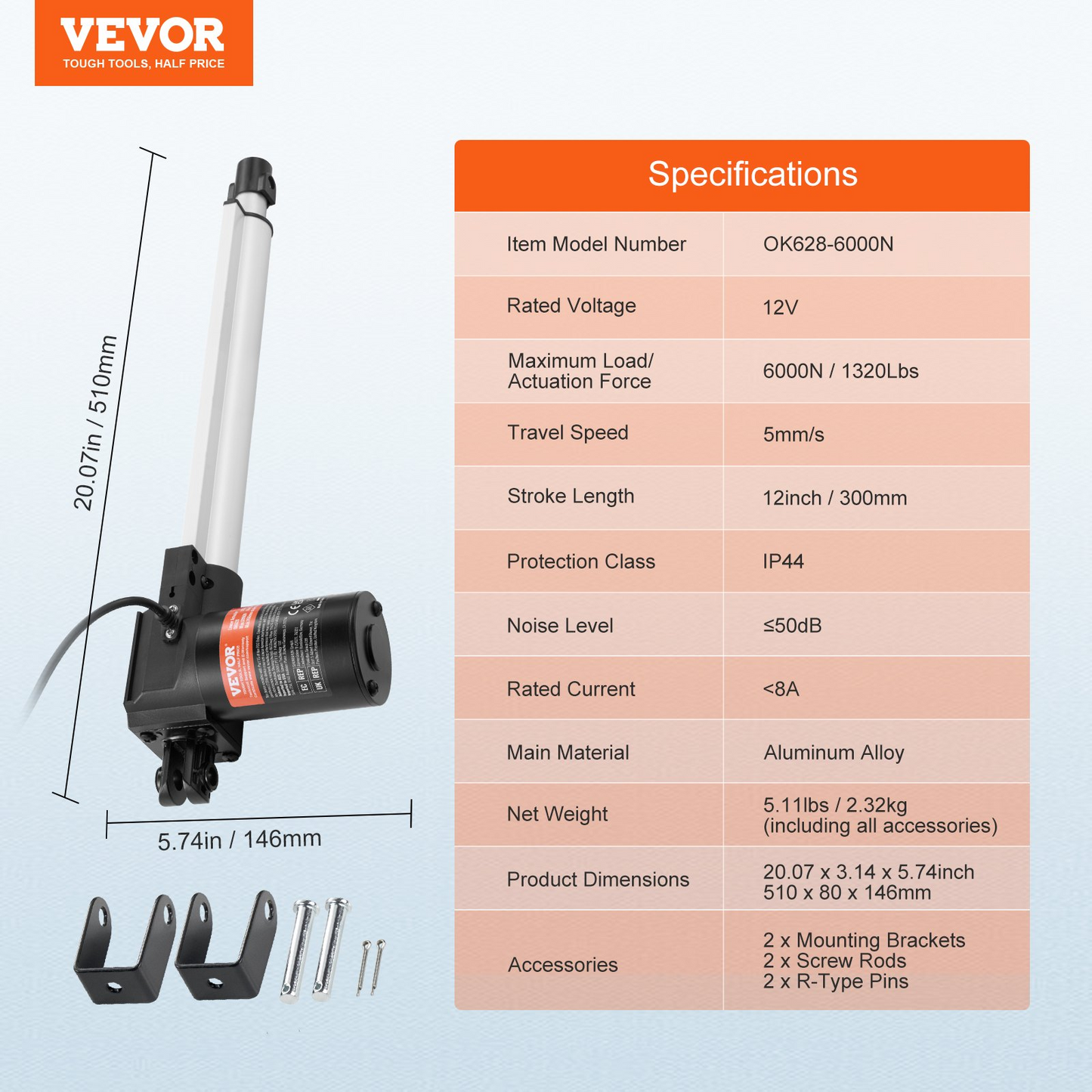 VEVOR Linear Actuator 12V, 12 Inch Heavy Duty 1320lbs/6000N Linear Actuator, 0.19"/s Linear Motion Actuator with Mounting Bracket & IP44 Protection for Electric Door Industrial Machinery Vessels Cargo