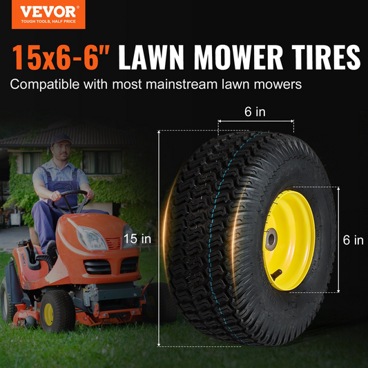 VEVOR Lawn Mower Tires with Rim, 15x6-6" Tubeless Tractor Tires, 2-Pack Tire and Wheel Assembly, S-Turf Pneumatic Tires, 3" Offset Hub, 3/4" Bushing Size, 16 PCS Adapters for Riding Mower Lawn Tractor