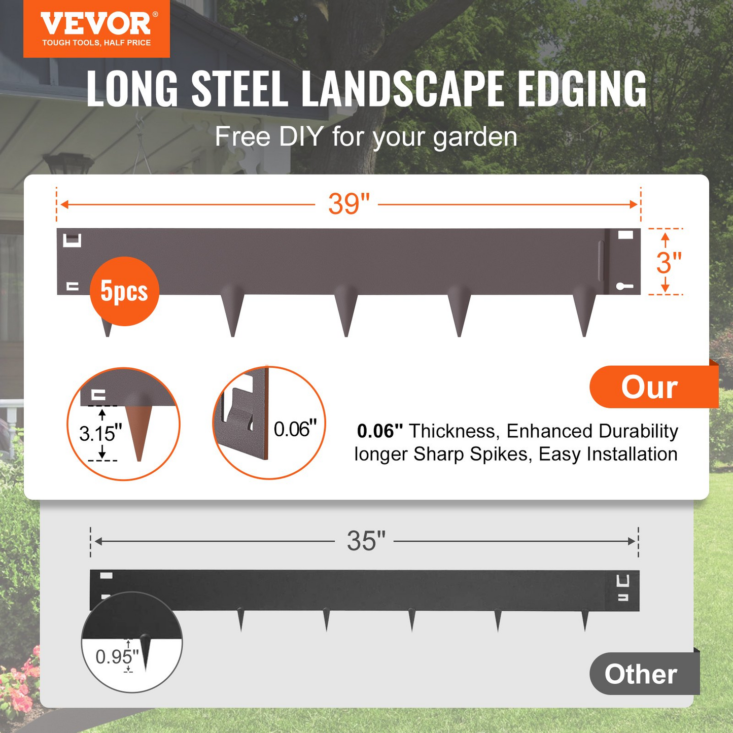 VEVOR Steel Landscape Edging, 5-pack Steel Garden Edging Borders, 39" L x 3" H Strips, Hammer-in Edging Border, Bendable Metal Landscape Edging for Yard, Garden, 3.15" Spike Height, Brown