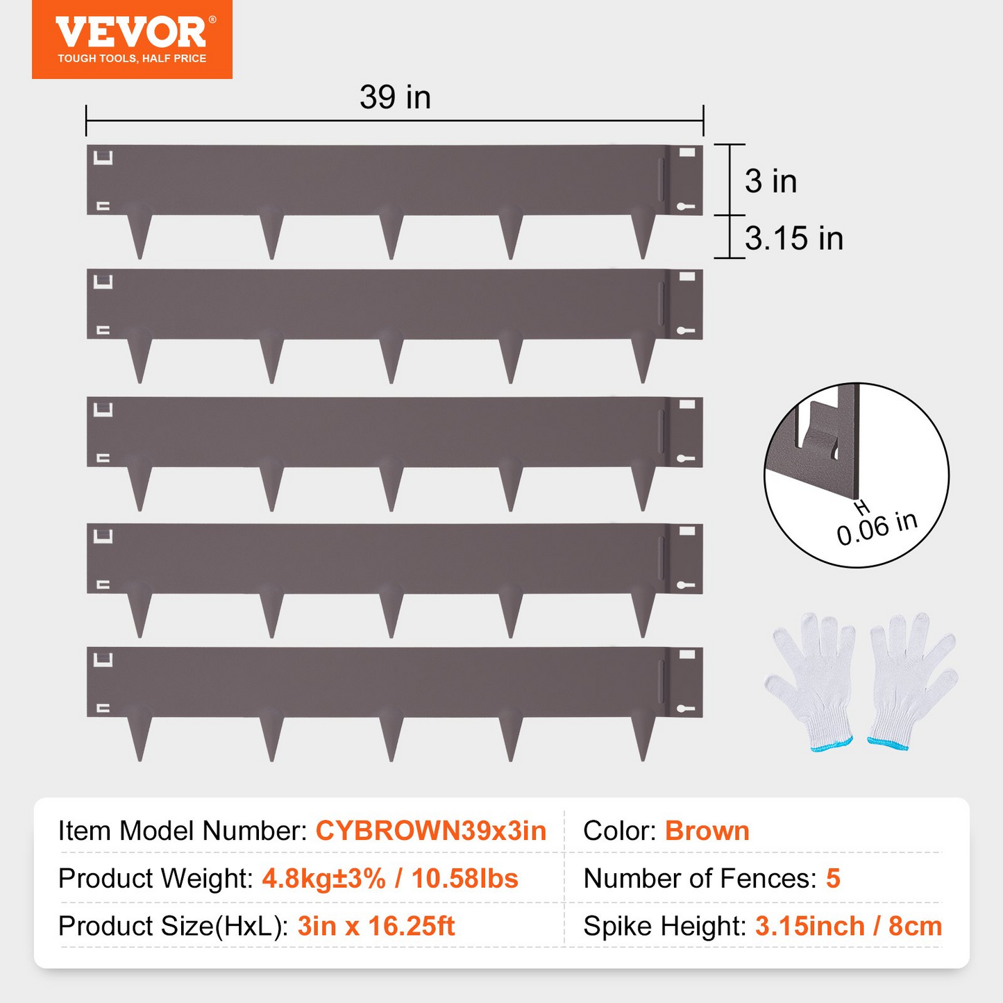 VEVOR Steel Landscape Edging, 5-pack Steel Garden Edging Borders, 39" L x 3" H Strips, Hammer-in Edging Border, Bendable Metal Landscape Edging for Yard, Garden, 3.15" Spike Height, Brown