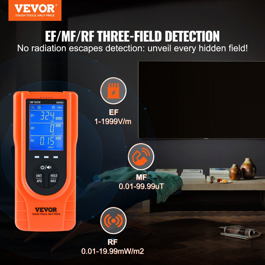 VEVOR 3-in-1 EMF Meter, 5Hz - 3.5GHz, Handheld Rechargeable Electromagnetic Field Radiation Detector, Digital LCD EMF Tester for EF MF RF Home Inspections Outdoor Ghost Hunting Paranormal Equipment