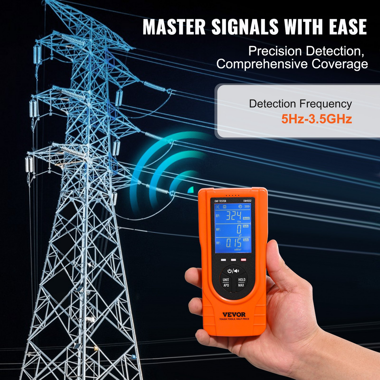 VEVOR 3-in-1 EMF Meter, 5Hz - 3.5GHz, Handheld Rechargeable Electromagnetic Field Radiation Detector, Digital LCD EMF Tester for EF MF RF Home Inspections Outdoor Ghost Hunting Paranormal Equipment