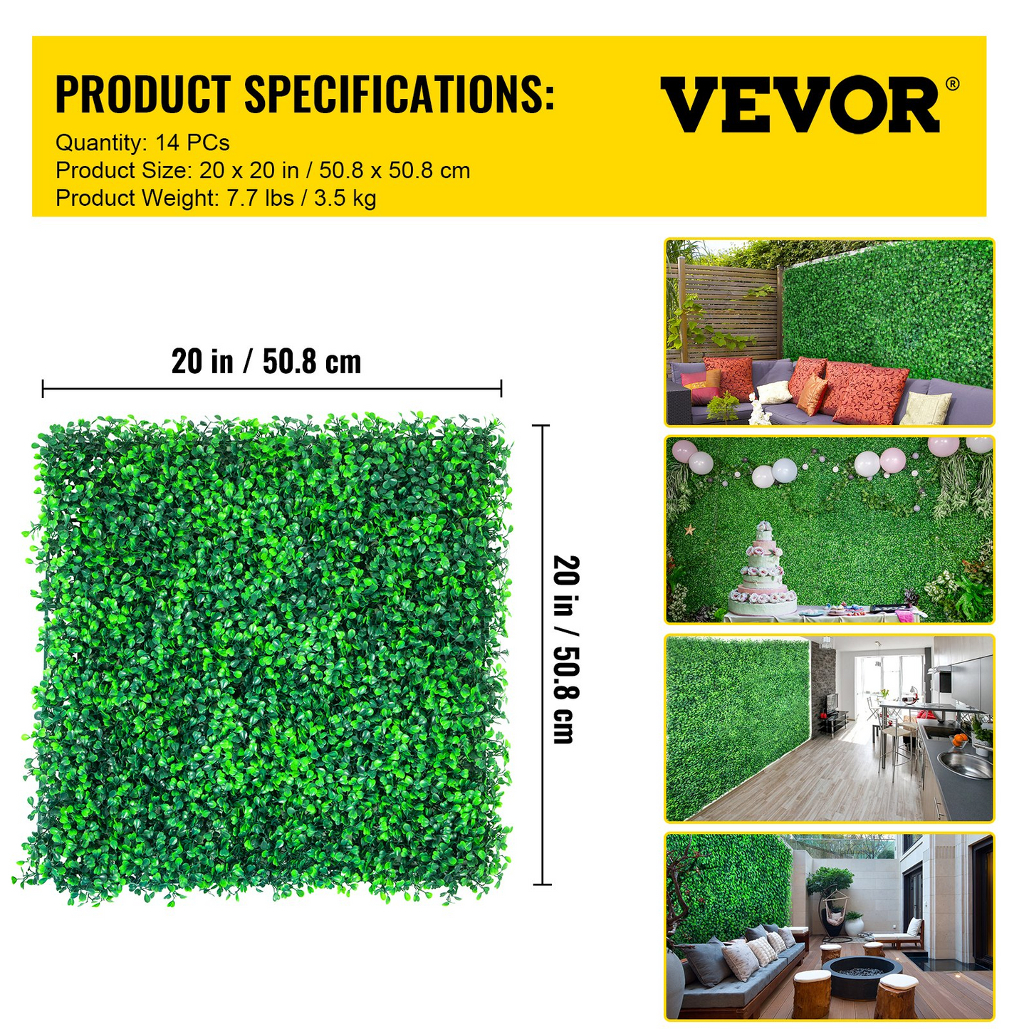 VEVOR Artificial Boxwood Panels, 14 PCS 20"x20" Boxwood Hedge Wall Panels, PE Artificial Grass Backdrop Wall 1.6", Privacy Hedge Screen for Decoration of Outdoor, Indoor, Garden, Fence, and Backyard