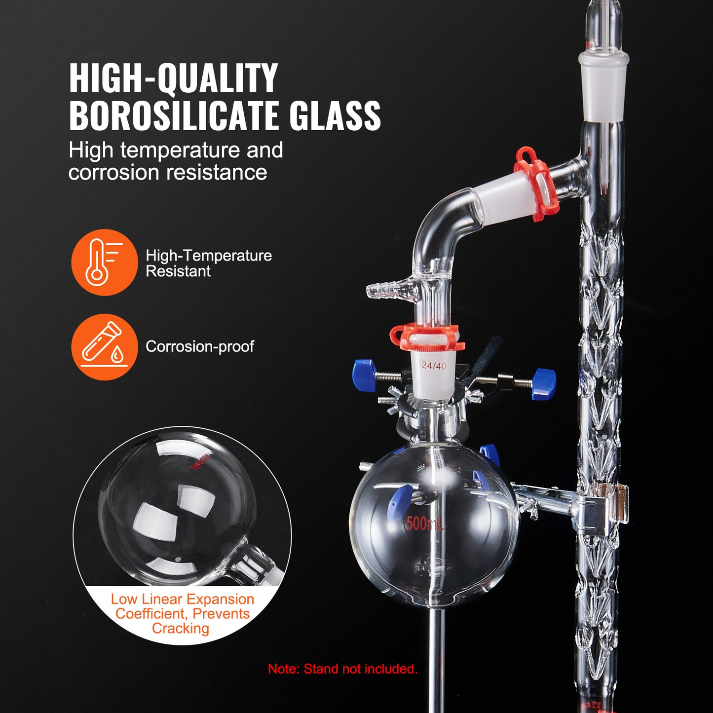 VEVOR Lab Distillation Kit, 3.3 Boro Lab Glassware Distillation Kit with 24, 40 Joint, 1000ml Essential Oil Distillation Apparatus Kit, 14 pcs Set of Glassware Equipment