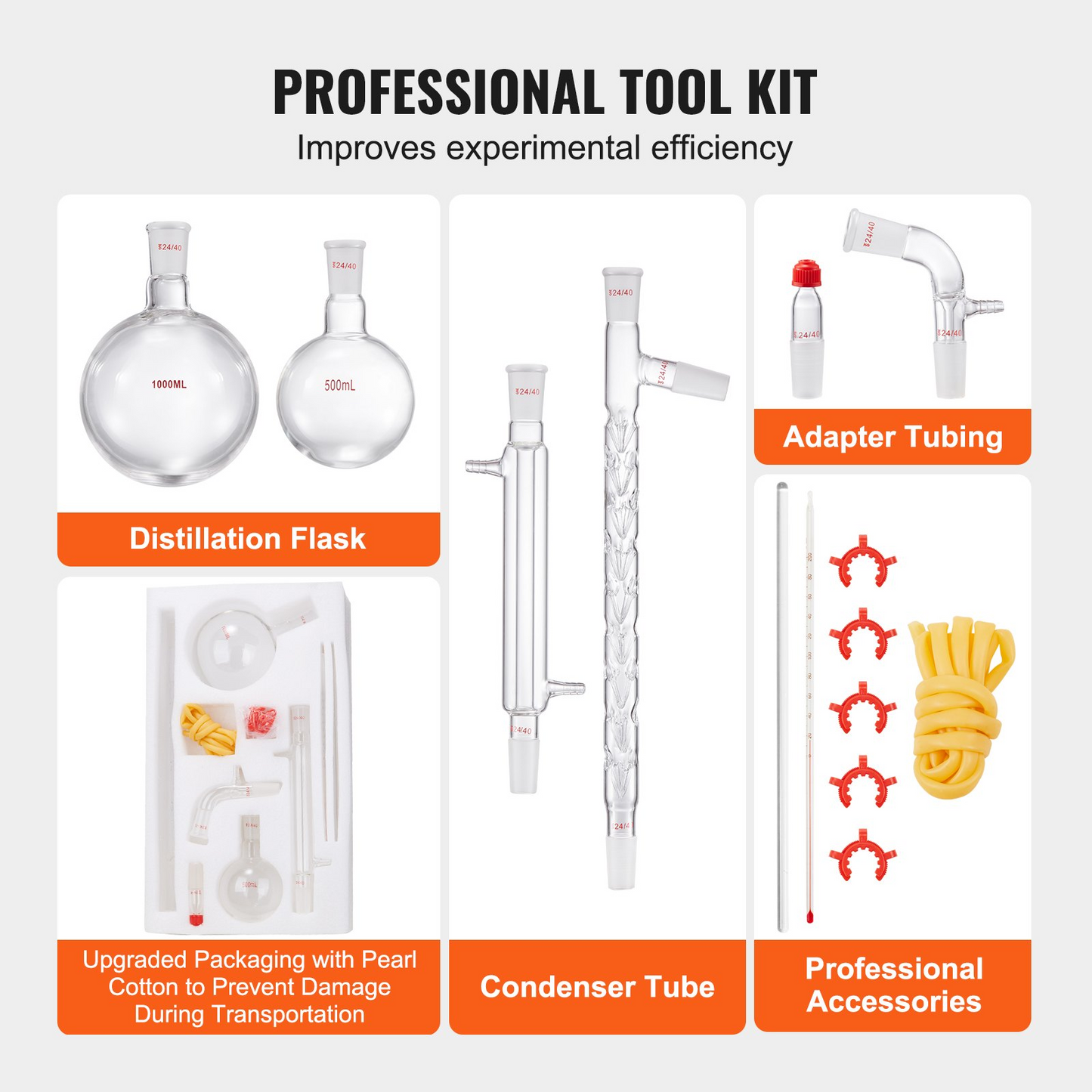 VEVOR Lab Distillation Kit, 3.3 Boro Lab Glassware Distillation Kit with 24, 40 Joint, 1000ml Essential Oil Distillation Apparatus Kit, 14 pcs Set of Glassware Equipment