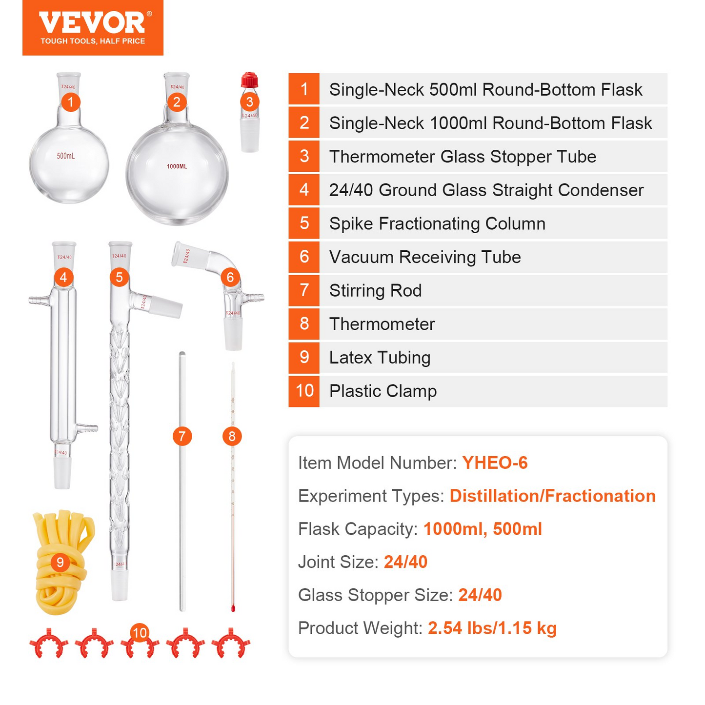 VEVOR Lab Distillation Kit, 3.3 Boro Lab Glassware Distillation Kit with 24, 40 Joint, 1000ml Essential Oil Distillation Apparatus Kit, 14 pcs Set of Glassware Equipment