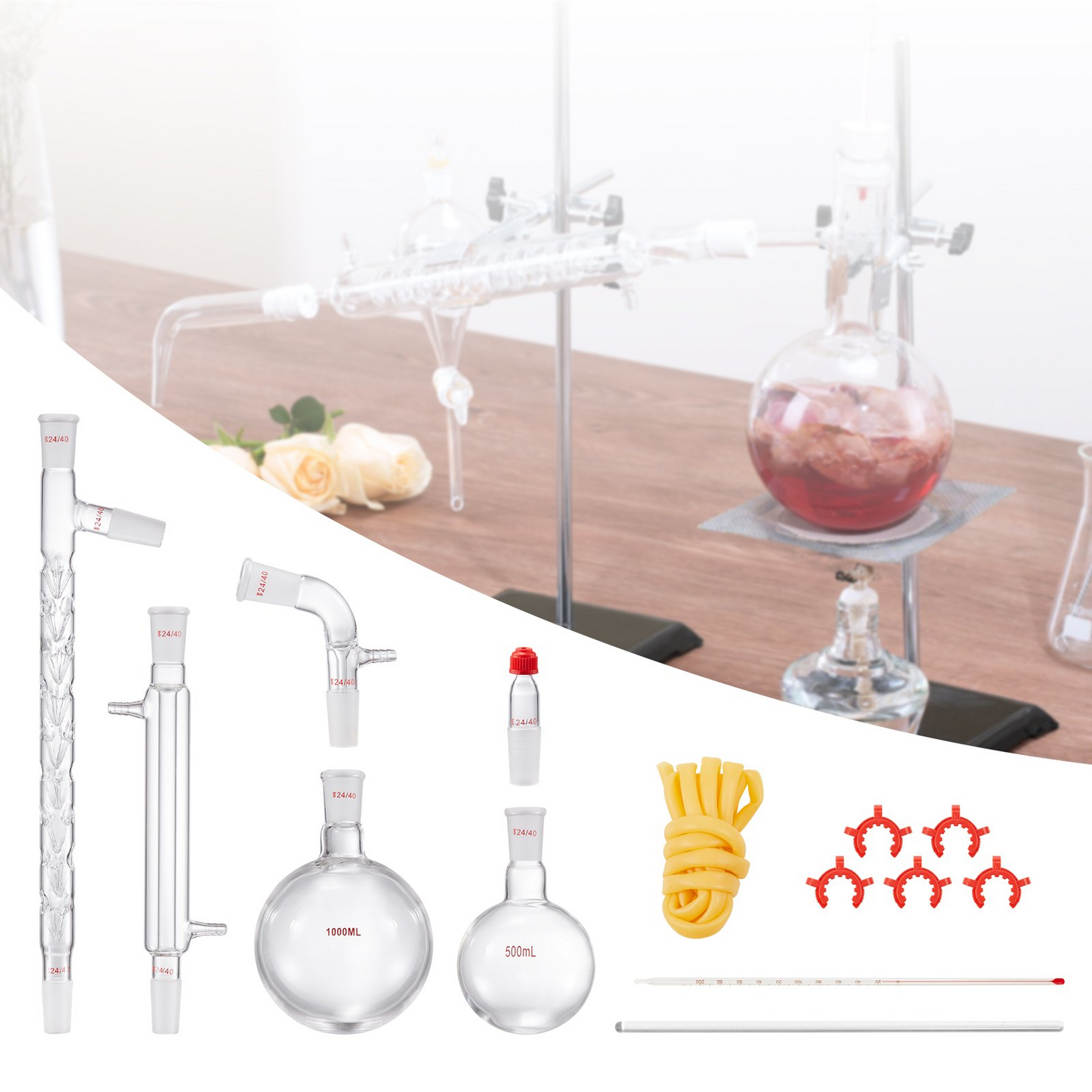 VEVOR Lab Distillation Kit, 3.3 Boro Lab Glassware Distillation Kit with 24, 40 Joint, 1000ml Essential Oil Distillation Apparatus Kit, 14 pcs Set of Glassware Equipment