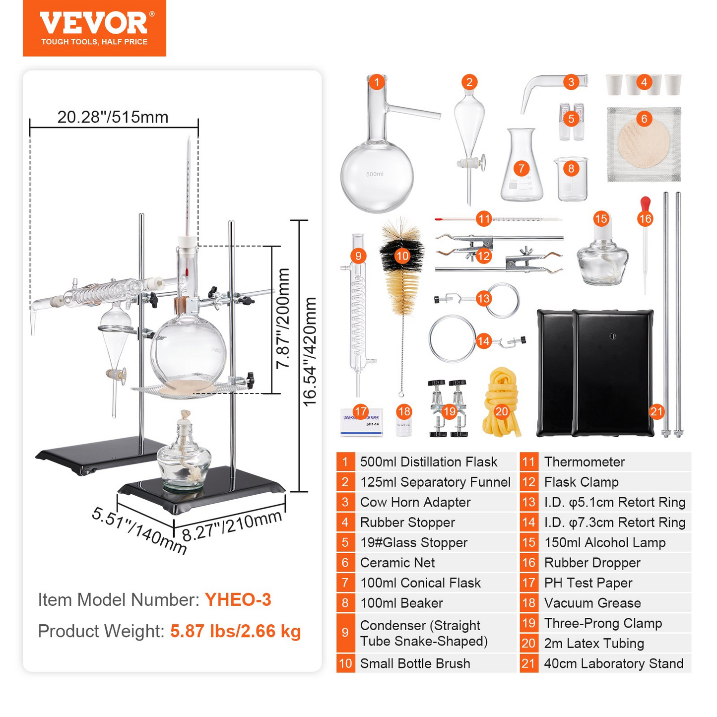 VEVOR Essential Oil Distillation Kit, 500ml Distillation Apparatus, 3.3 Boro Lab Glassware Distillation Kit with Alcohol Lamp, Ceramic Mesh and 24, 40 Joint, 28 pcs Set