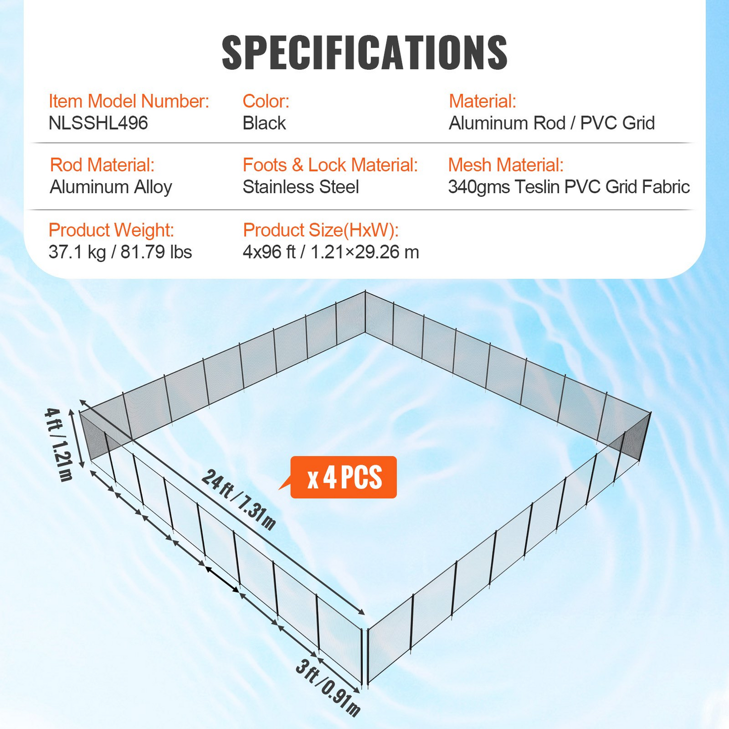 VEVOR Pool Fence, 4 x 96 FT Pool Fences for Inground Pools, Removable Child Safety Pool Fencing, Easy DIY Installation Swimming Pool Fence, 340gms Teslin PVC Pool Fence Mesh Protects Kids and Pets