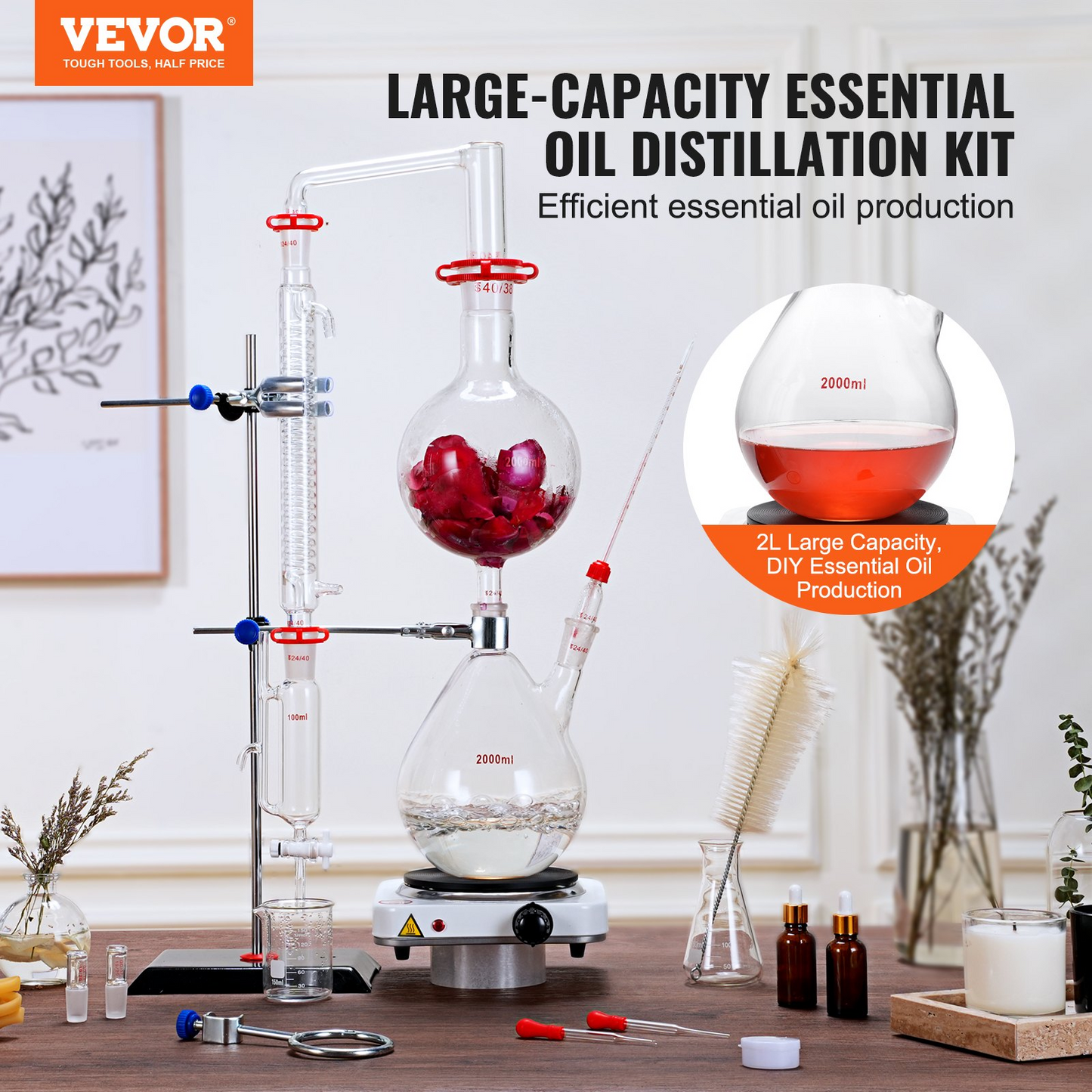 VEVOR Essential Oil Distillation Kit, 2000ml Distillation Apparatus, 3.3 Boro Lab Glassware Distillation Kit with 1000W Heating Plate and 24, 40 Joint, 28 pcs Set