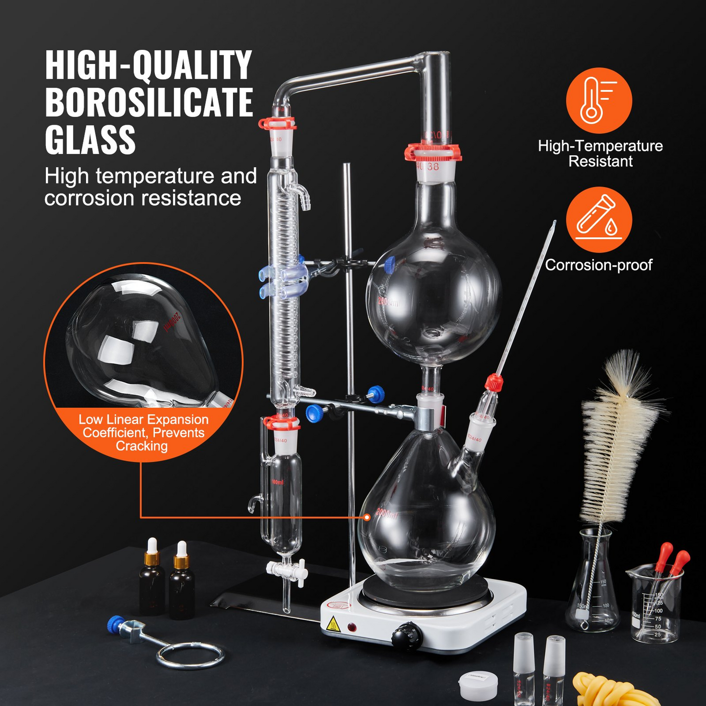 VEVOR Essential Oil Distillation Kit, 2000ml Distillation Apparatus, 3.3 Boro Lab Glassware Distillation Kit with 1000W Heating Plate and 24, 40 Joint, 28 pcs Set