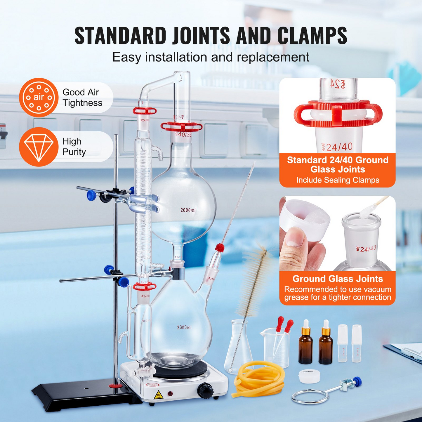 VEVOR Essential Oil Distillation Kit, 2000ml Distillation Apparatus, 3.3 Boro Lab Glassware Distillation Kit with 1000W Heating Plate and 24, 40 Joint, 28 pcs Set