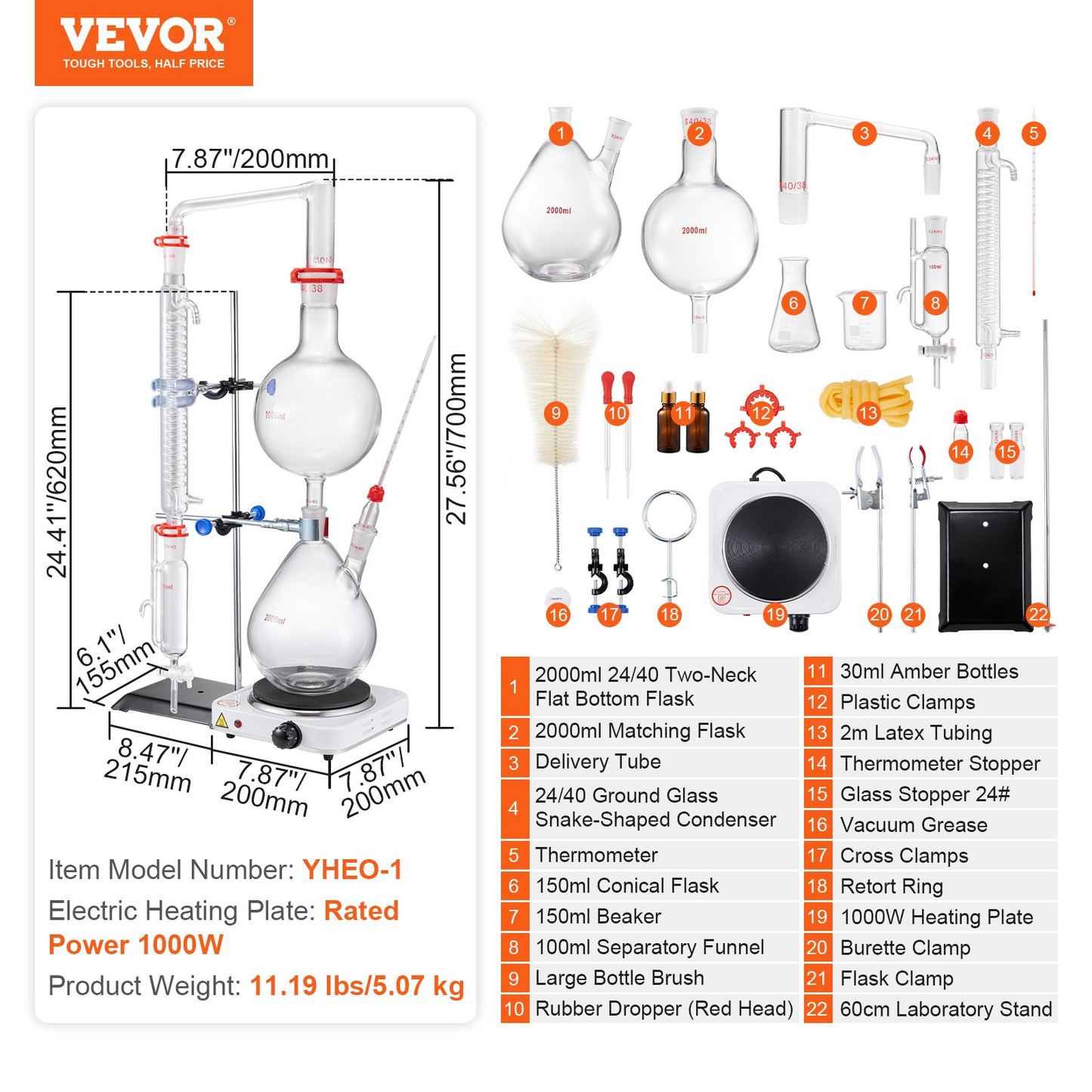 VEVOR Essential Oil Distillation Kit, 2000ml Distillation Apparatus, 3.3 Boro Lab Glassware Distillation Kit with 1000W Heating Plate and 24, 40 Joint, 28 pcs Set