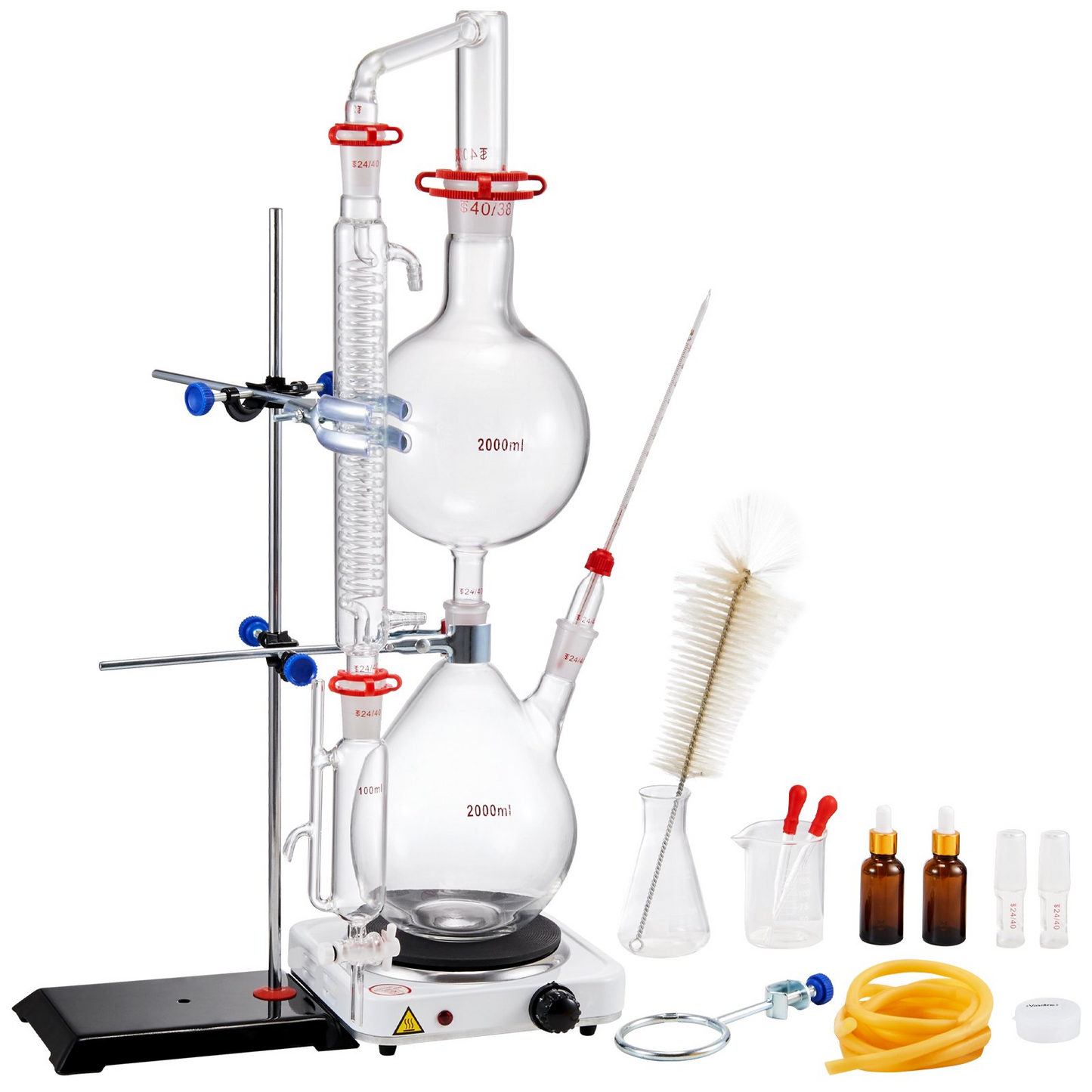 VEVOR Essential Oil Distillation Kit, 2000ml Distillation Apparatus, 3.3 Boro Lab Glassware Distillation Kit with 1000W Heating Plate and 24, 40 Joint, 28 pcs Set