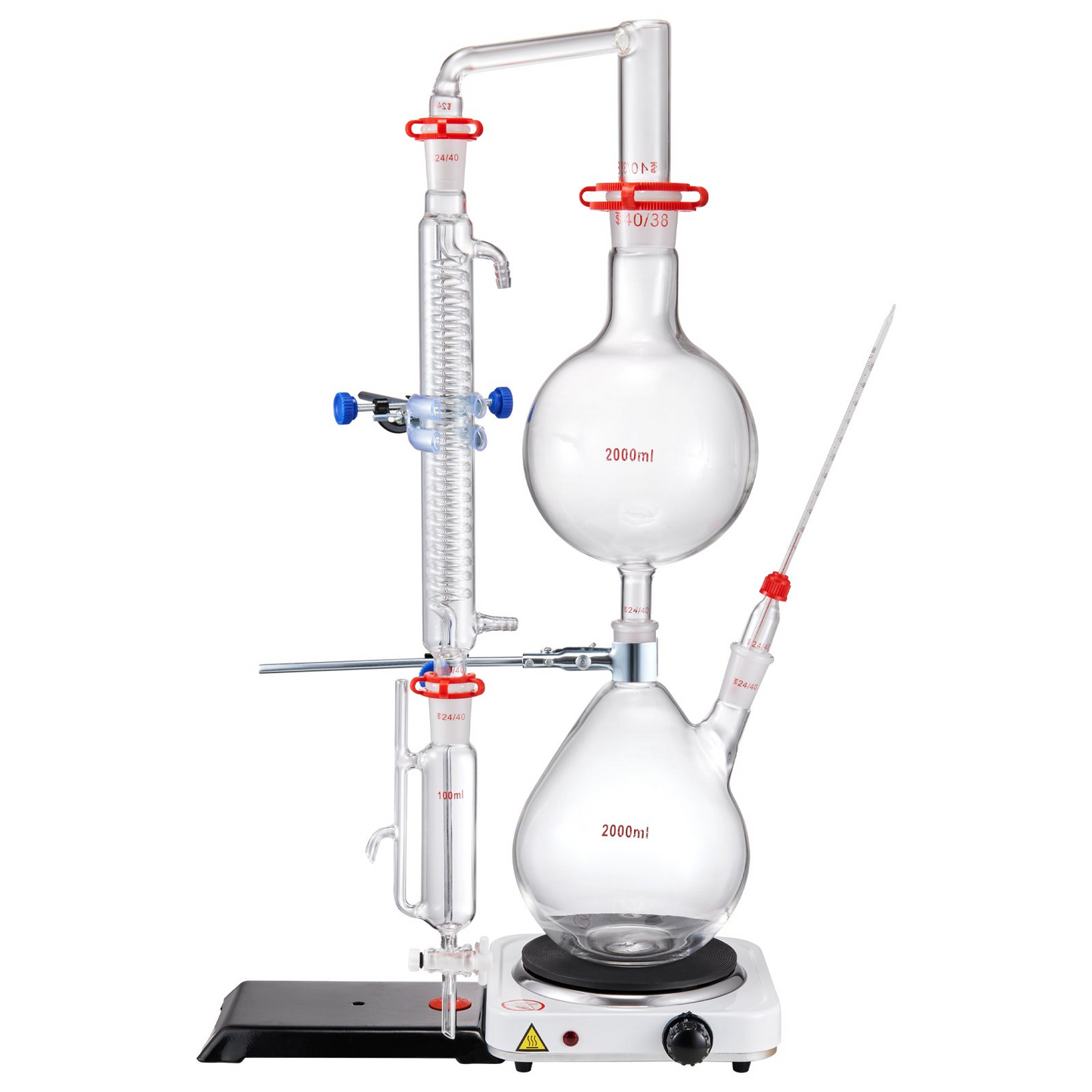 VEVOR Essential Oil Distillation Kit, 2000ml Distillation Apparatus, 3.3 Boro Lab Glassware Distillation Kit with 1000W Heating Plate and 24, 40 Joint, 28 pcs Set