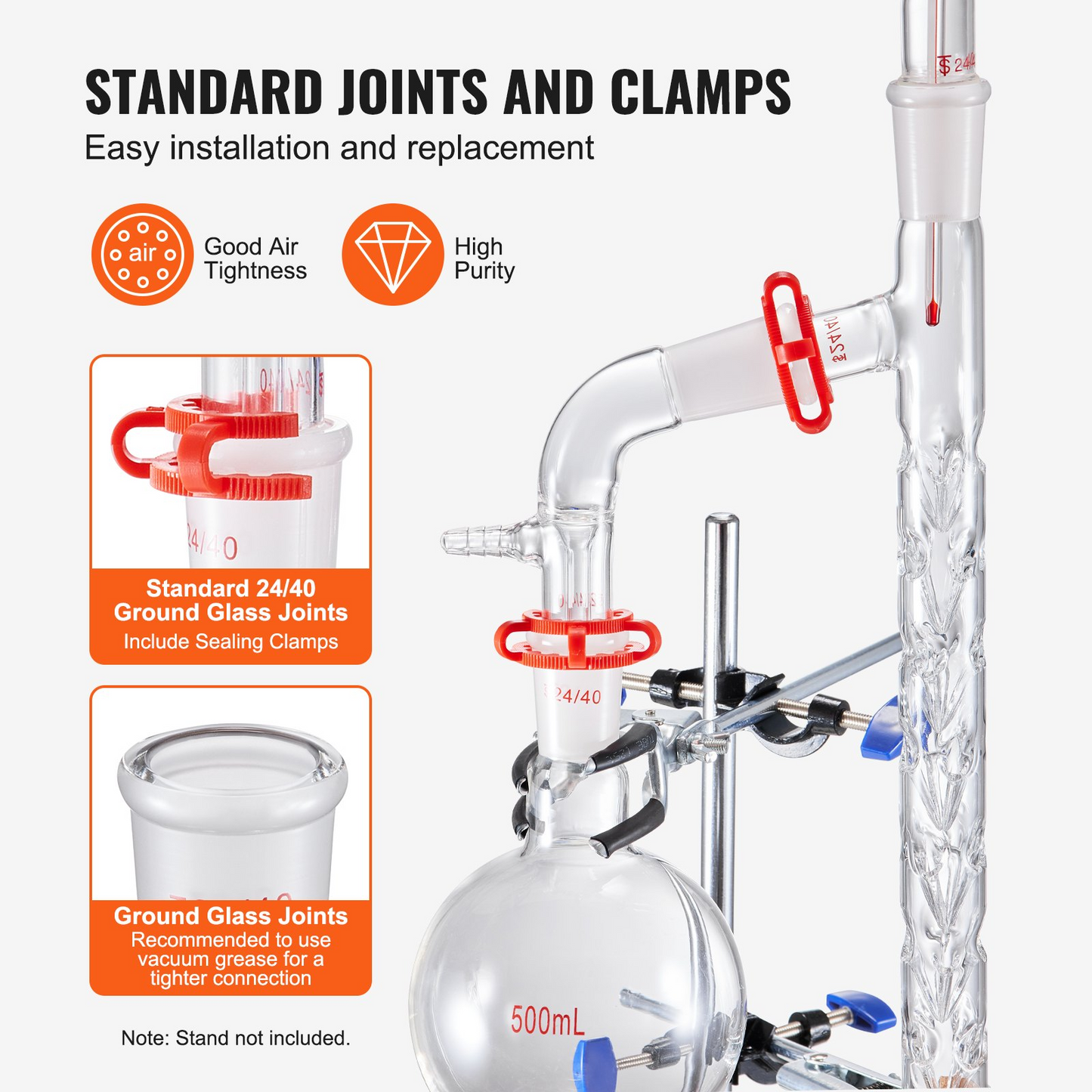 VEVOR Lab Distillation Kit, 3.3 Boro Lab Glassware Distillation Kit with 24, 40 Joint, 1000ml Essential Oil Distillation Apparatus Kit, 14 pcs Set of Glassware Equipment