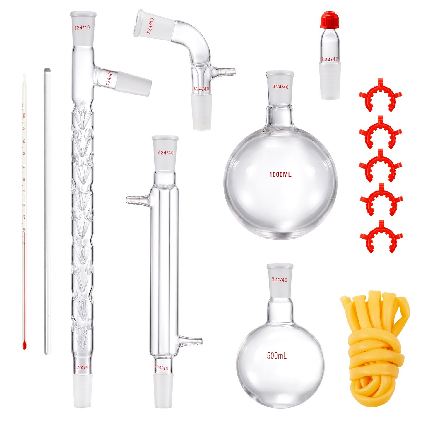 VEVOR Lab Distillation Kit, 3.3 Boro Lab Glassware Distillation Kit with 24, 40 Joint, 1000ml Essential Oil Distillation Apparatus Kit, 14 pcs Set of Glassware Equipment