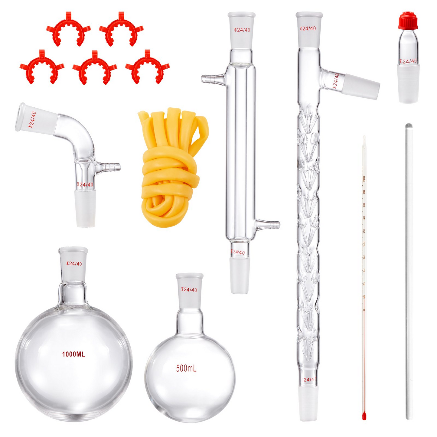 VEVOR Lab Distillation Kit, 3.3 Boro Lab Glassware Distillation Kit with 24, 40 Joint, 1000ml Essential Oil Distillation Apparatus Kit, 14 pcs Set of Glassware Equipment