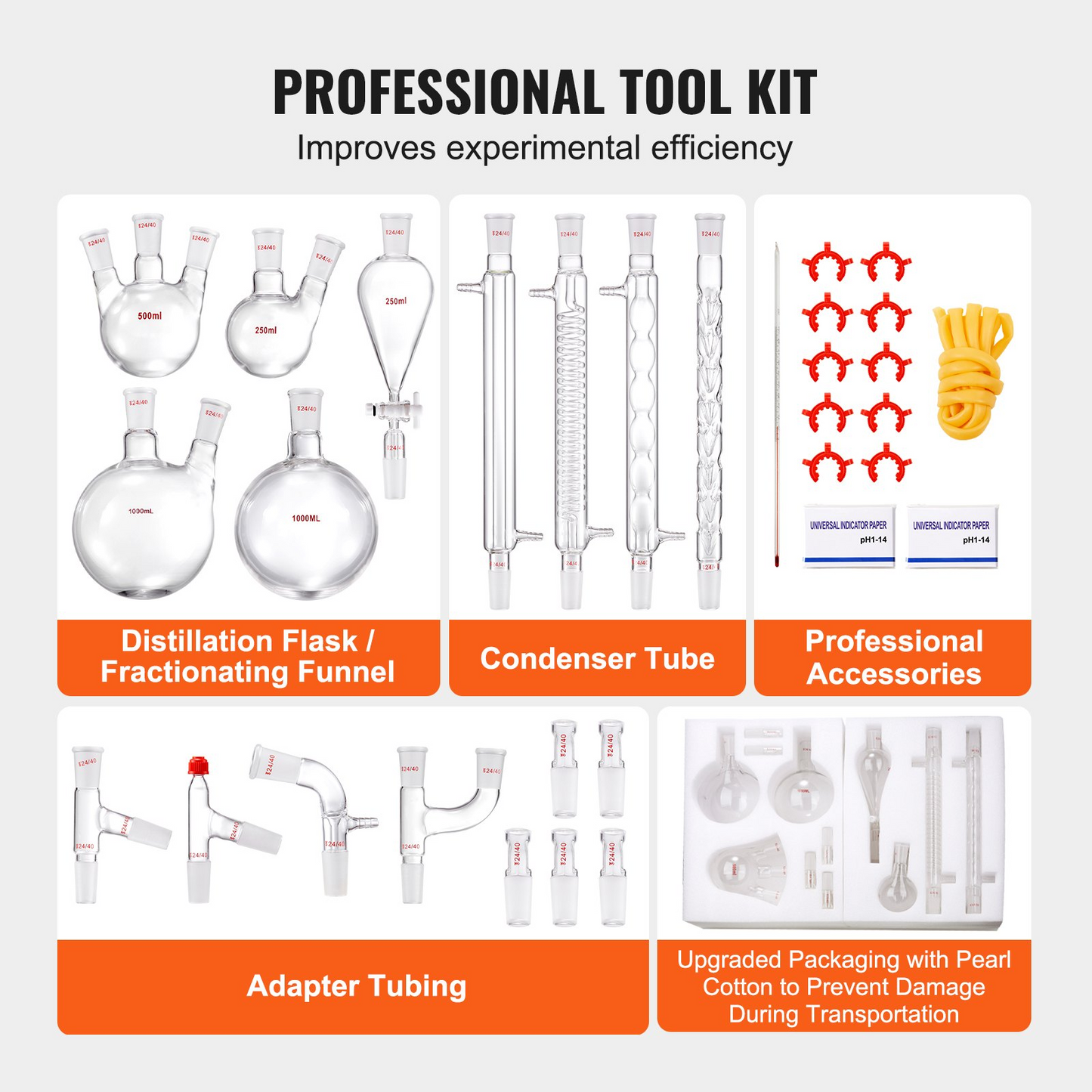 VEVOR Lab Distillation Kit, 3.3 Boro Lab Glassware Distillation Kit with 24, 40 Joint, 1000ml Essential Oil Distillation Apparatus Kit, 32 pcs Set of Glassware Equipment