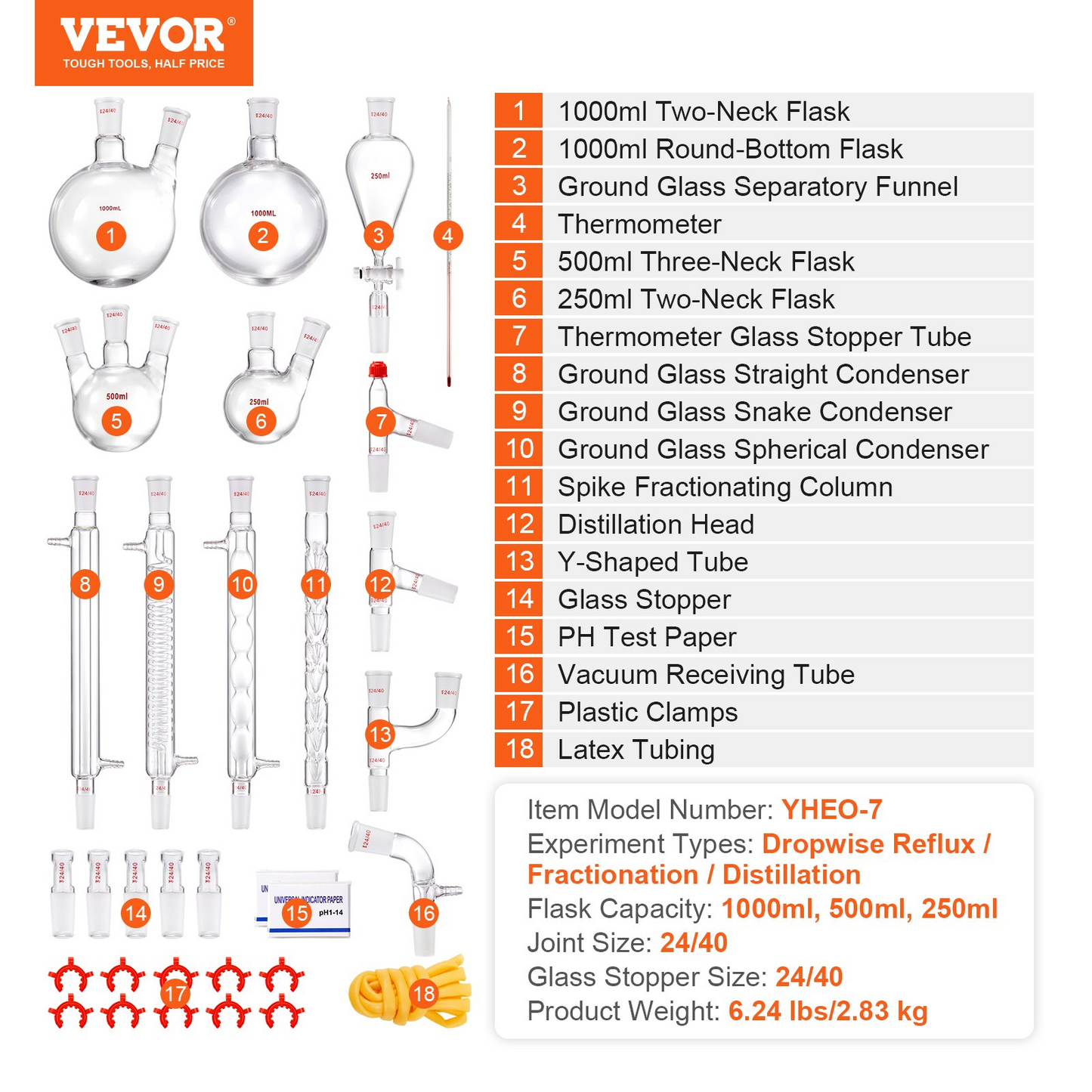 VEVOR Lab Distillation Kit, 3.3 Boro Lab Glassware Distillation Kit with 24, 40 Joint, 1000ml Essential Oil Distillation Apparatus Kit, 32 pcs Set of Glassware Equipment