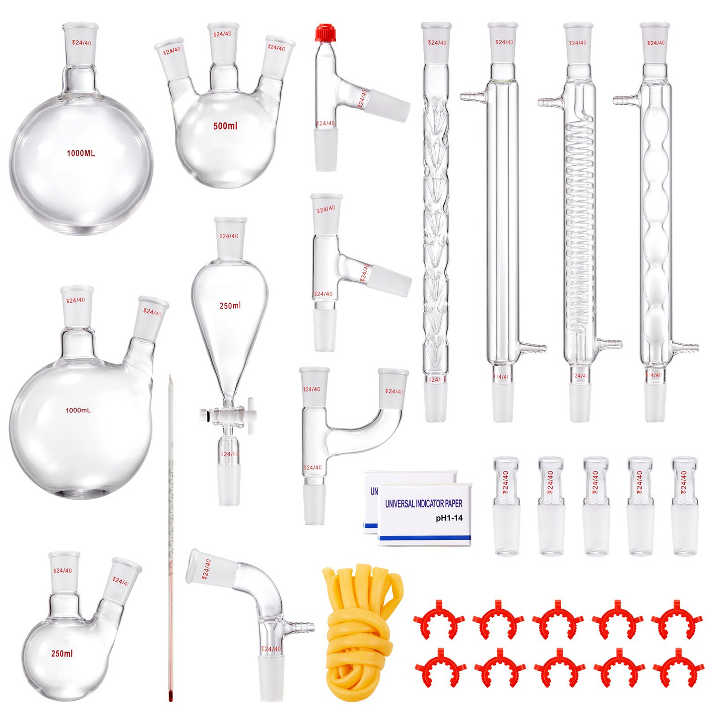 VEVOR Lab Distillation Kit, 3.3 Boro Lab Glassware Distillation Kit with 24, 40 Joint, 1000ml Essential Oil Distillation Apparatus Kit, 32 pcs Set of Glassware Equipment