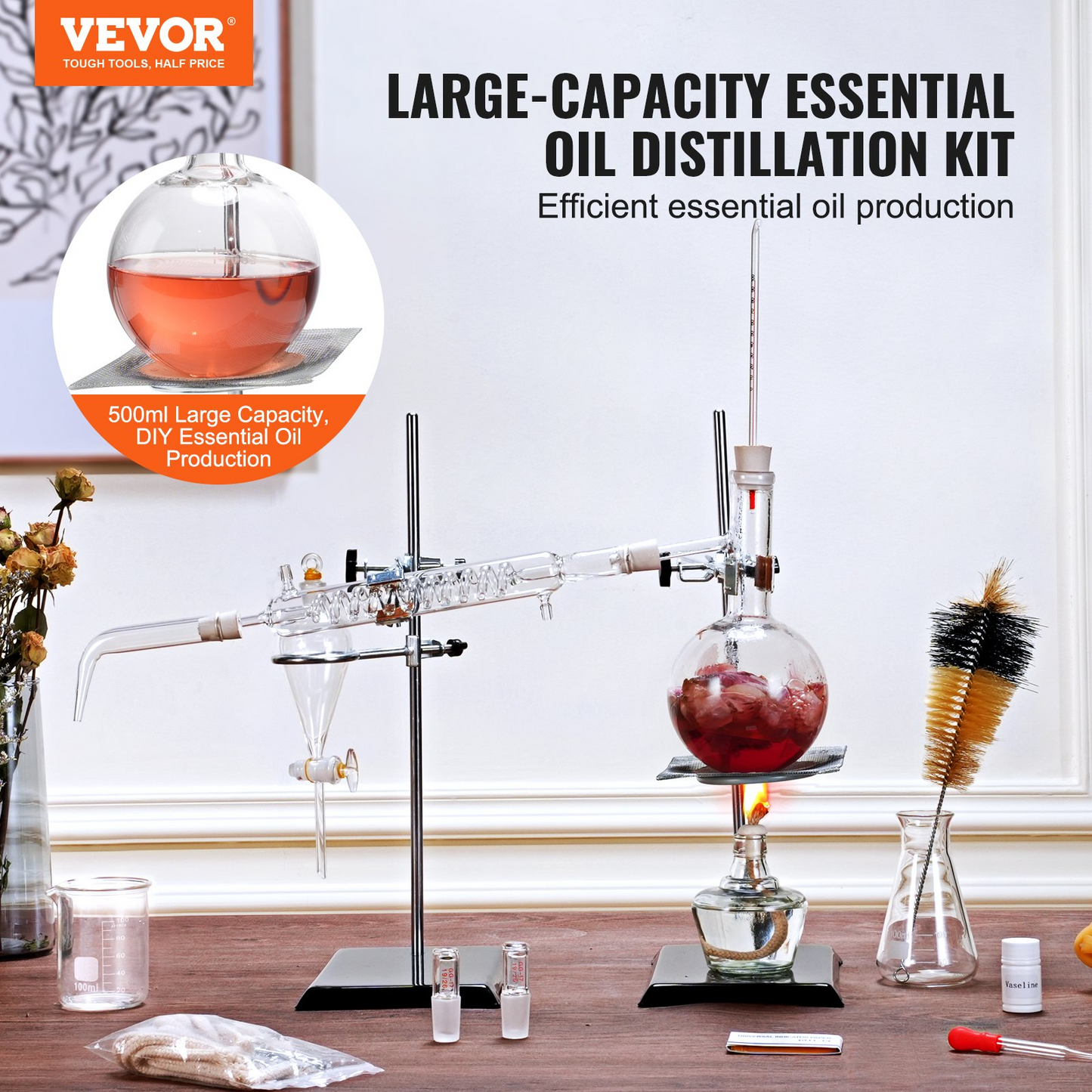 VEVOR Essential Oil Distillation Kit, 500ml Distillation Apparatus, 3.3 Boro Lab Glassware Distillation Kit with Alcohol Lamp, Ceramic Mesh and 24, 40 Joint, 28 pcs Set